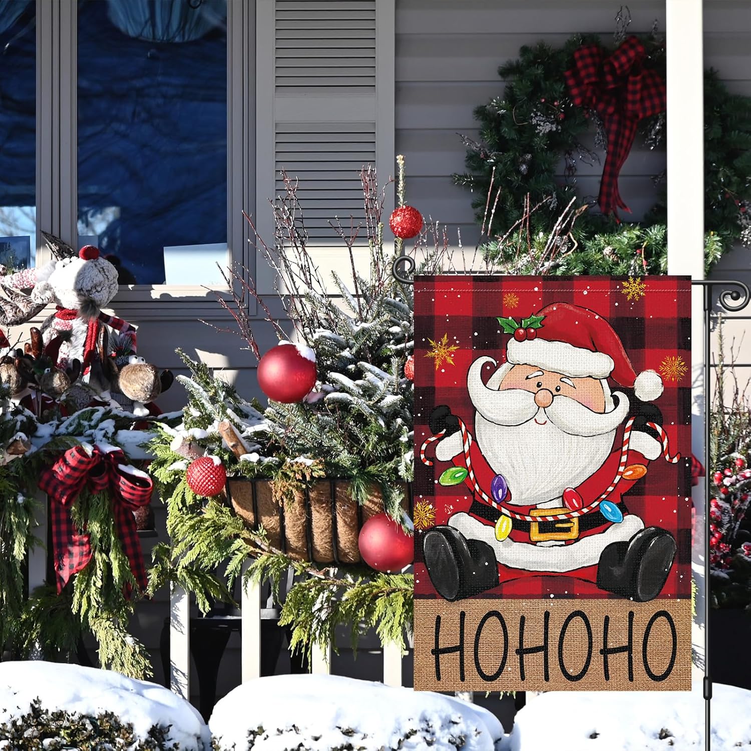 Heyfibro Christmas Hohoho Santa Claus Garden Flag 12x18 Inch Double Sided Decorative Red Black Buffalo Plaids Small Flags for Outside Holiday House Farmhouse Outdoor Decoration - Image 7