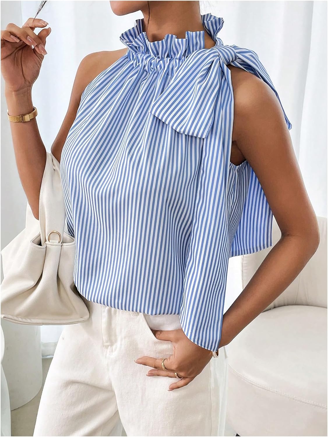 MakeMeChic Women's Striped Halter Tie Knot Neck Blouse Sleeveless Ruffle Elegant Business Shirt - Image 2
