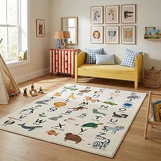 Rug Branch Atlas 4' x 6' (3'11" x 5'10") White/Beige Education Learning Kids Area Rug, Scandinavian Medium Pile, Stain-Resistant Carpet - Playroom, Nursery, Toy Room and Bedroom