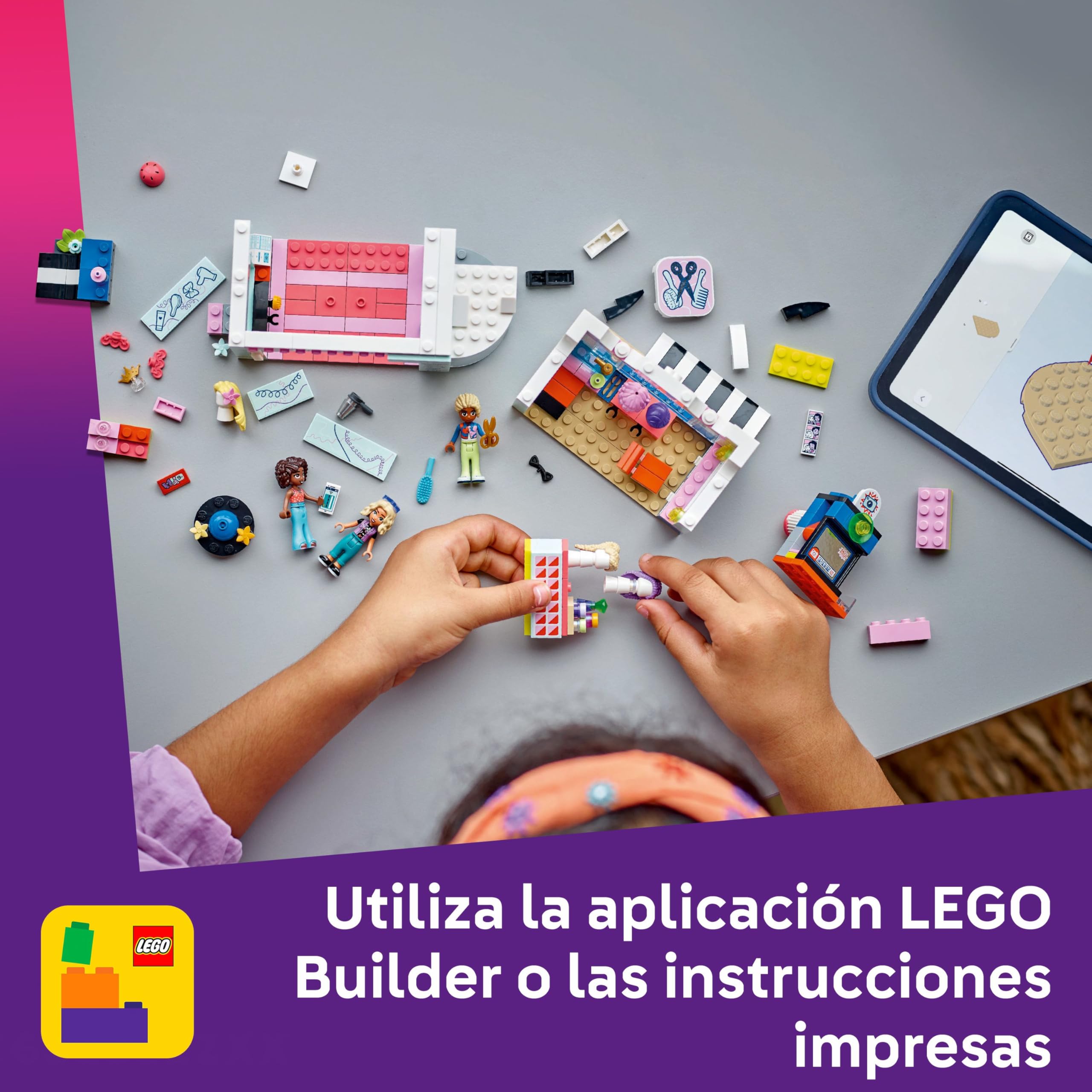 LEGO Friends Peluquería y Tienda de Complementos, Secador y Pelucas de Juguete, Juegos de Peinados, Regalo para Niñas de 7 Años o Más, 3 Mini Muñecos para el Juego de rol 42662