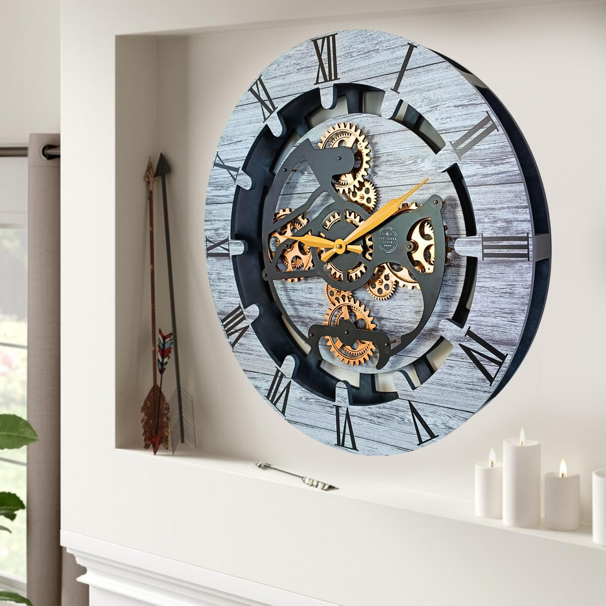 THE GEARS CLOCK Wanduhr mit echten beweglichen Zahnrädern Canada Line 60 cm rund (Silbergrau, 60 cm)