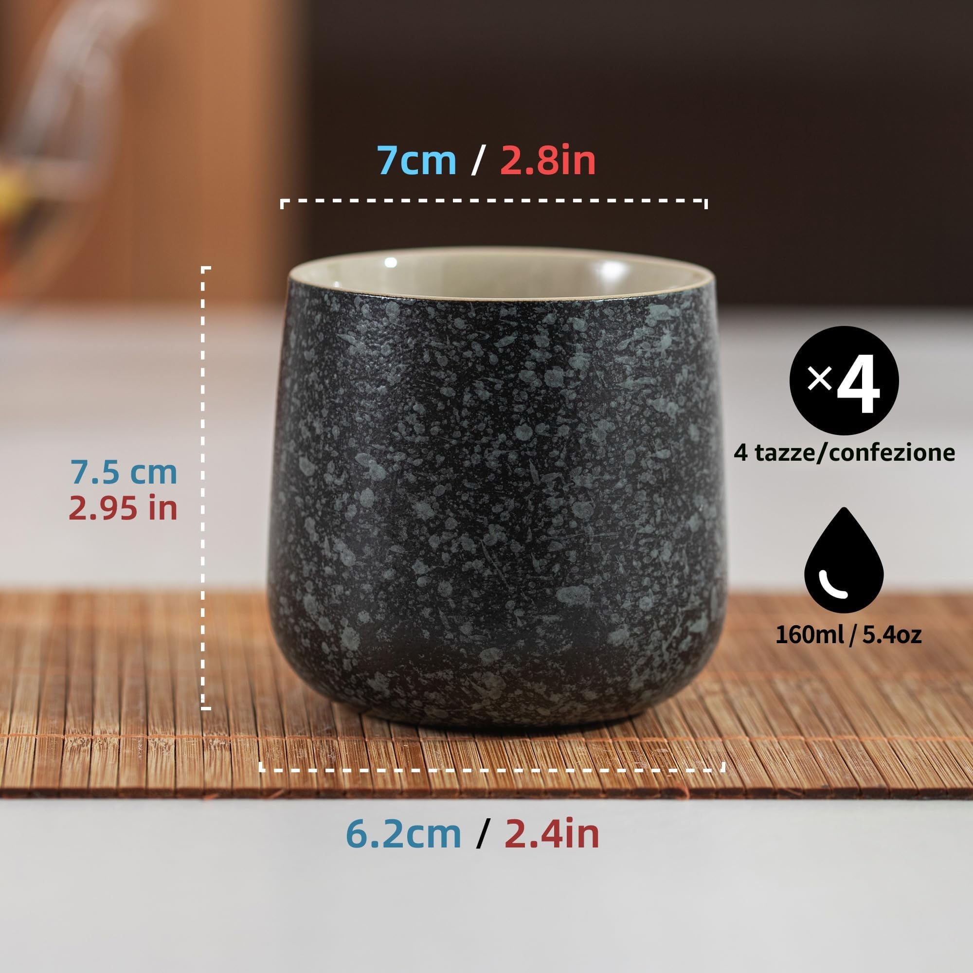 TEANAGOO tazza da tè giapponese in ceramica, 7.2Oz / 205 ml, grigio carbone, H17, 4 pezzi/scatola