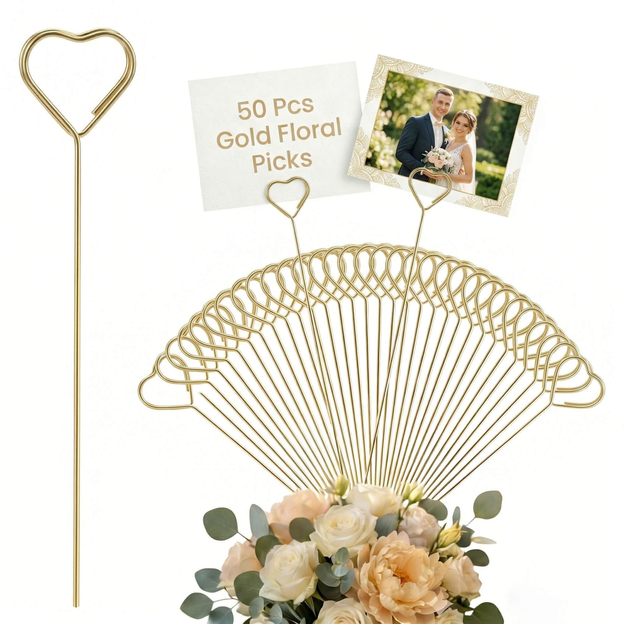50Pcs Metal Floral Card Holder Picks - Flower Card Holder Sticks for Gift Cards & Flower Bouquet. Floral Picks & Picture Photo Holders for Centerpieces, Wedding Birthday Party Decoration Accessories