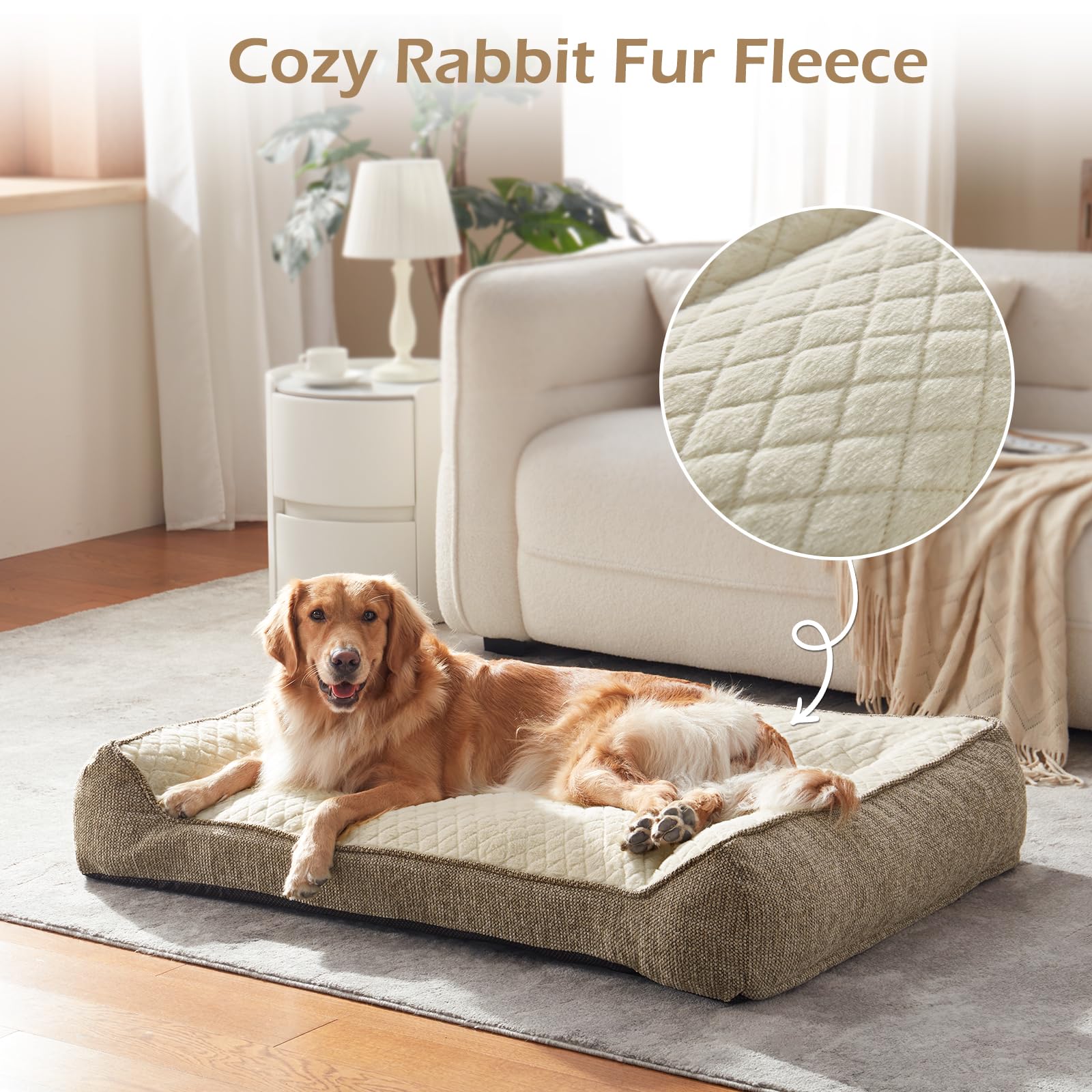 JOEJOY XL Orthopedic Dog Beds Large Sized Dog, Extra Thick Supportive Big Dogs Couch Bed with Sides, Ultra Soft Pet Bed Sofa for Large Dogs, Beige, 42inch - image 2