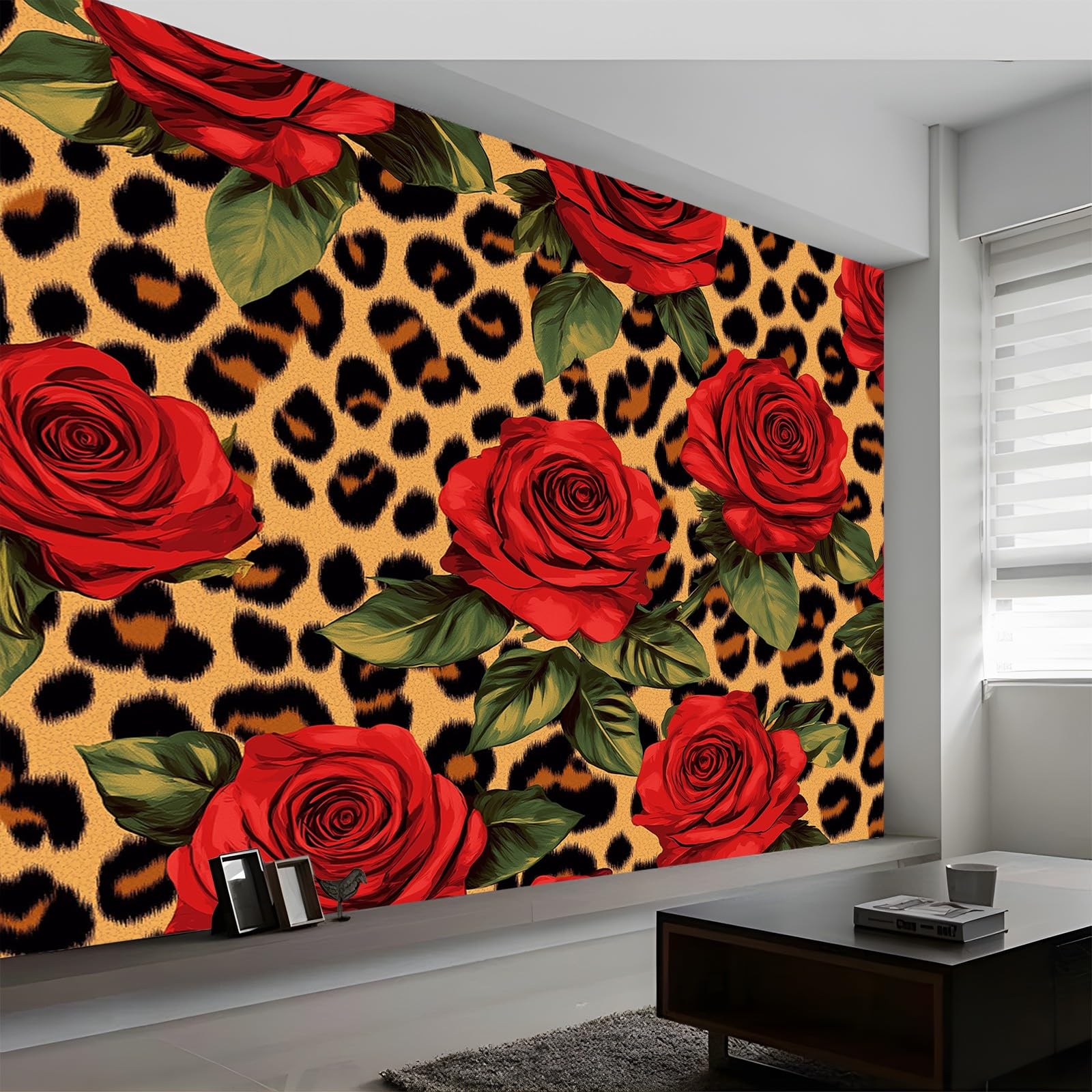 250 x 175 cm Wall Mural Photo Wallpaper Red Orange Non-Woven Art Print Murals Decor Poster Picture, Fashion Floral Leopard Print Photo Wallpaper for Bedroom Living Room Office Hotel Background