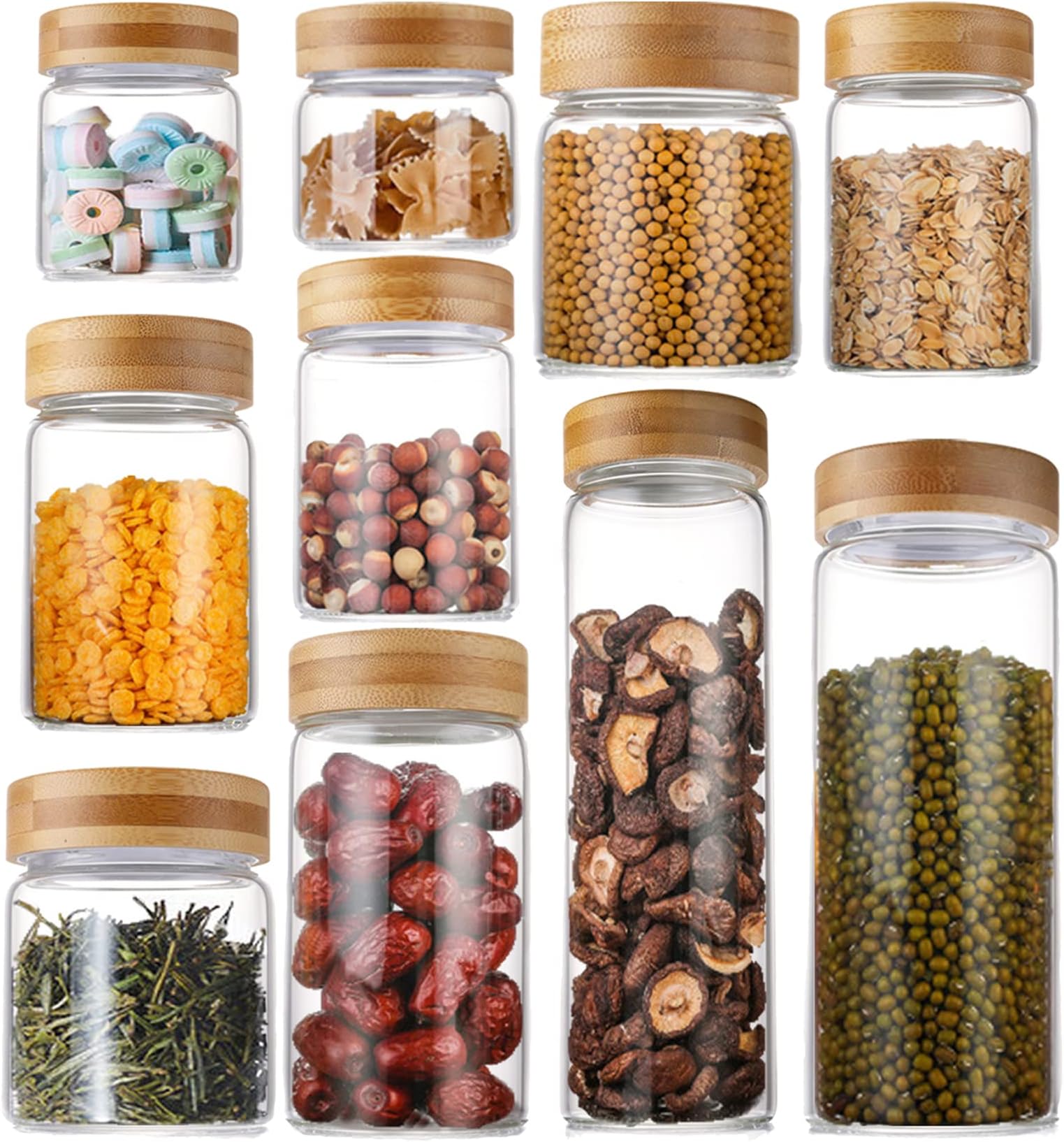 LaweiSet of 10 Glass Food Jars with Bamboo Lids, Airtight Food Storage Containers Jars, Clear Glass Kitchen Canister Set for Candy, Cookie, Spice, Tea, Sugar, Flour, Pasta, Nuts