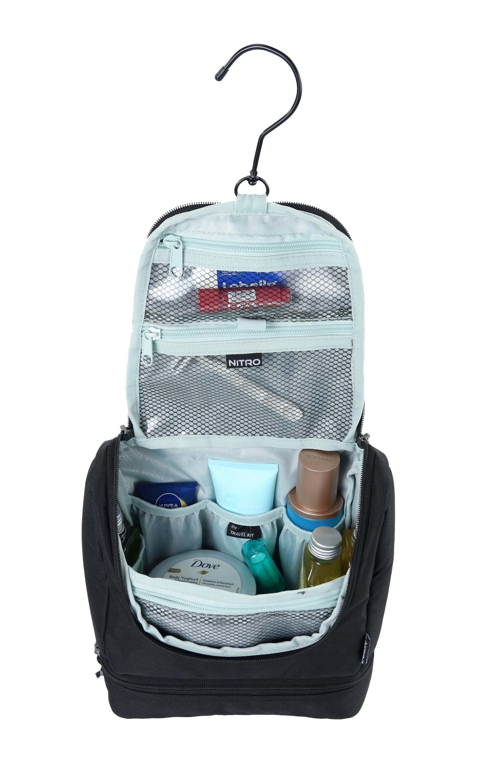 Travel Kit - Bolsa de Aseo con Compartimento Inferior para Colgar, con Muchos Compartimentos de Almacenamiento, 25 x 24 x 11 cm, Negro auténtico, 25x24x11 cm, Kit de Viaje