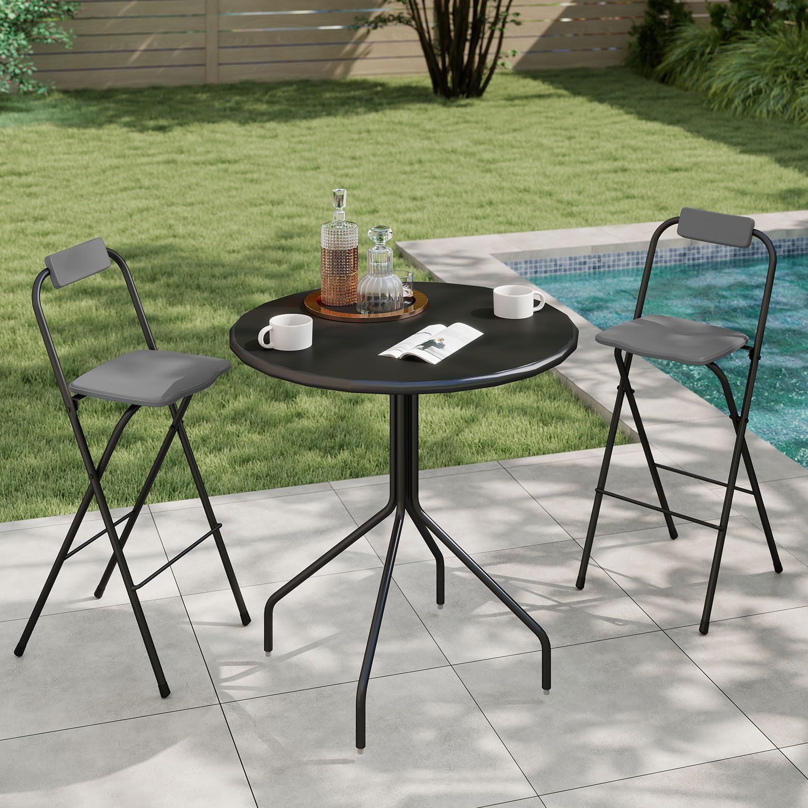 GIANTEX Juego de 2 Taburetes de Bar Plegables, Sillas Portátiles con Respaldo Inclinable, Asiento Curvado y Reposapiés, Carga hasta 150 kg, Taburetes Altos para Balcón, Comedor, Jardín (Gris)