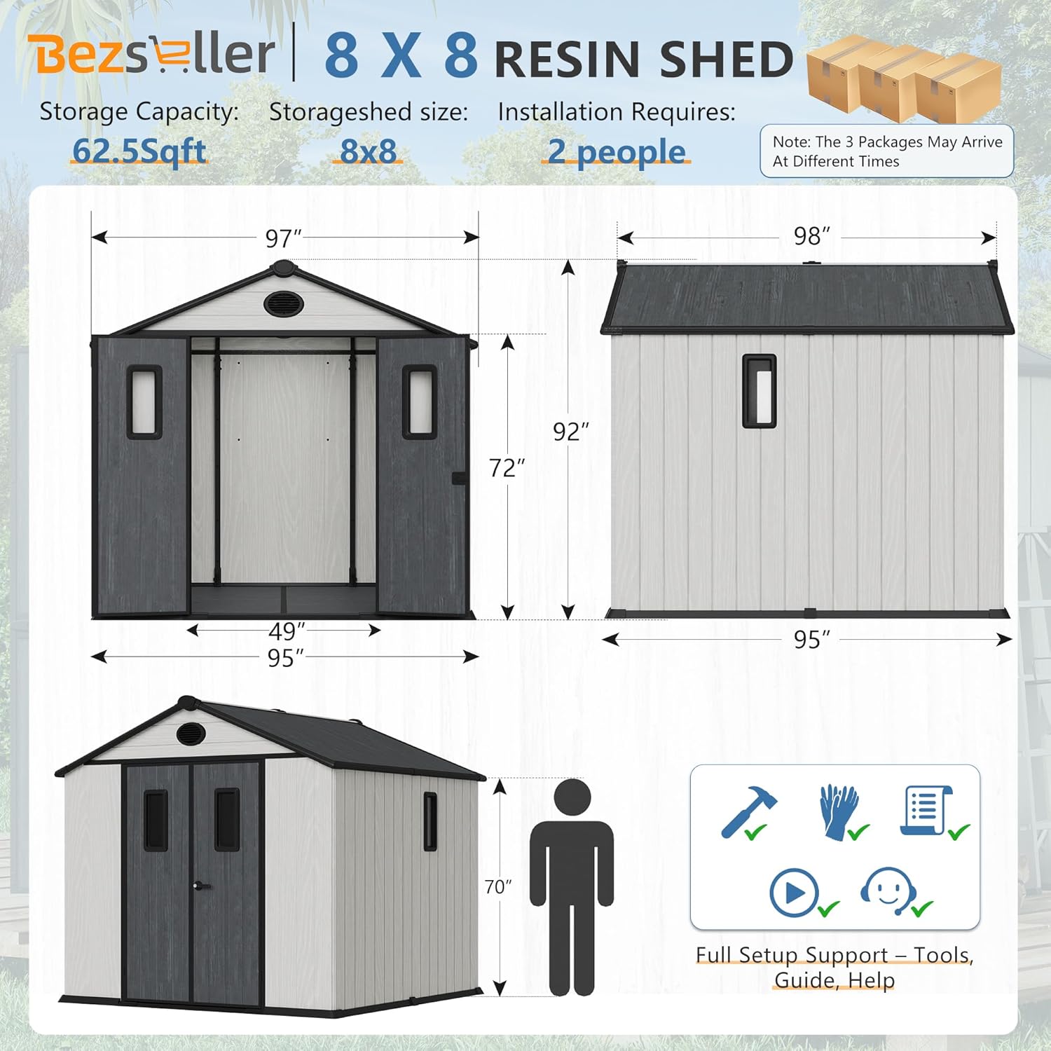Bezseller 8x8 Resin Storage Shed with Floor, Outdoor Plastic Shed for Backyard, Lawn Equipment & Patio Furniture, Waterproof UV-Resistant Tool Shed with Interlocking Panels, White