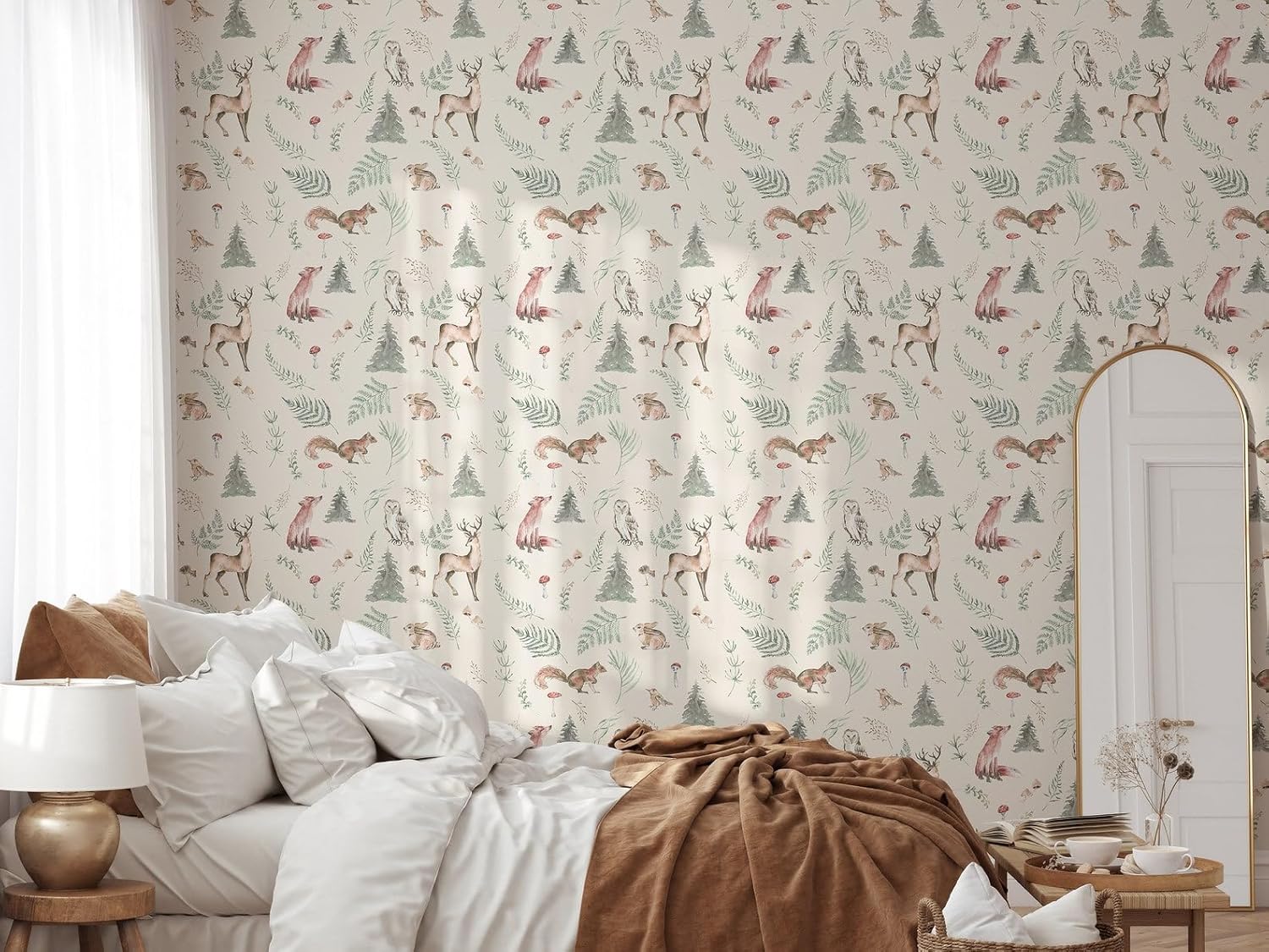 Forest Animals Wallpaper | Removable Self Adhesive Botanical Wallpaper | Flower and Forest Peel and Stick Wallpaper (1 roll 24" W x 96" H)