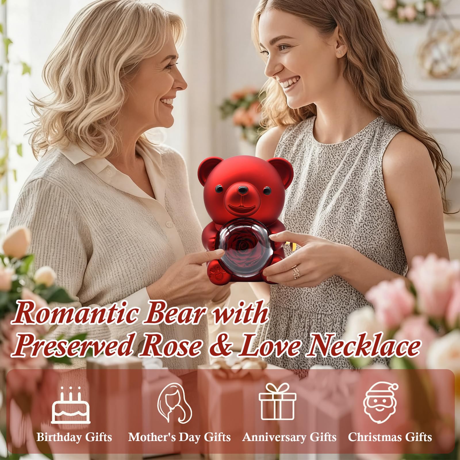 Orsetto Rosa Eterna con Collana a Forma di Cuore,Orso di rosa Eterna Confezione Regalo,Orsetto di Rose Stabilizzate con Scatola per Donna,Mamma,per San Valentino,Festa della Mamma,Anniversario (Rosso)