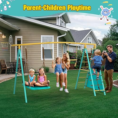 Miniatura 7 de Juego de columpios para patio trasero, juegos de columpio de metal resistente para niños con 2 columpios, escalera de escalada y redes, barra de