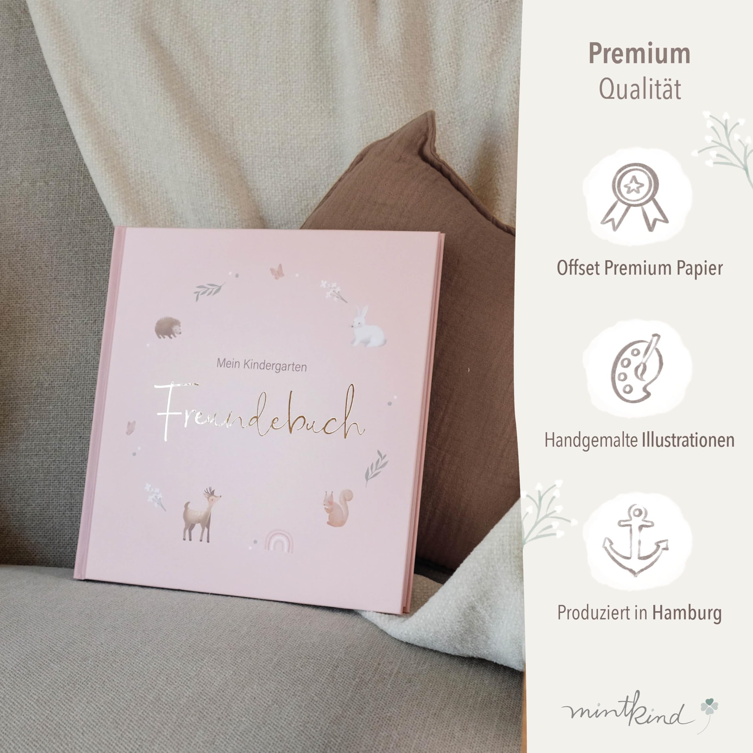 mintkind® Kindergarten Freundebuch Rosa, Freundschaftsbuch zum Ausfüllen, Freundebuch für den Kindergarten Mädchen und Jungen, kinderfreundliche Vorlagen und niedliche Illustrationen