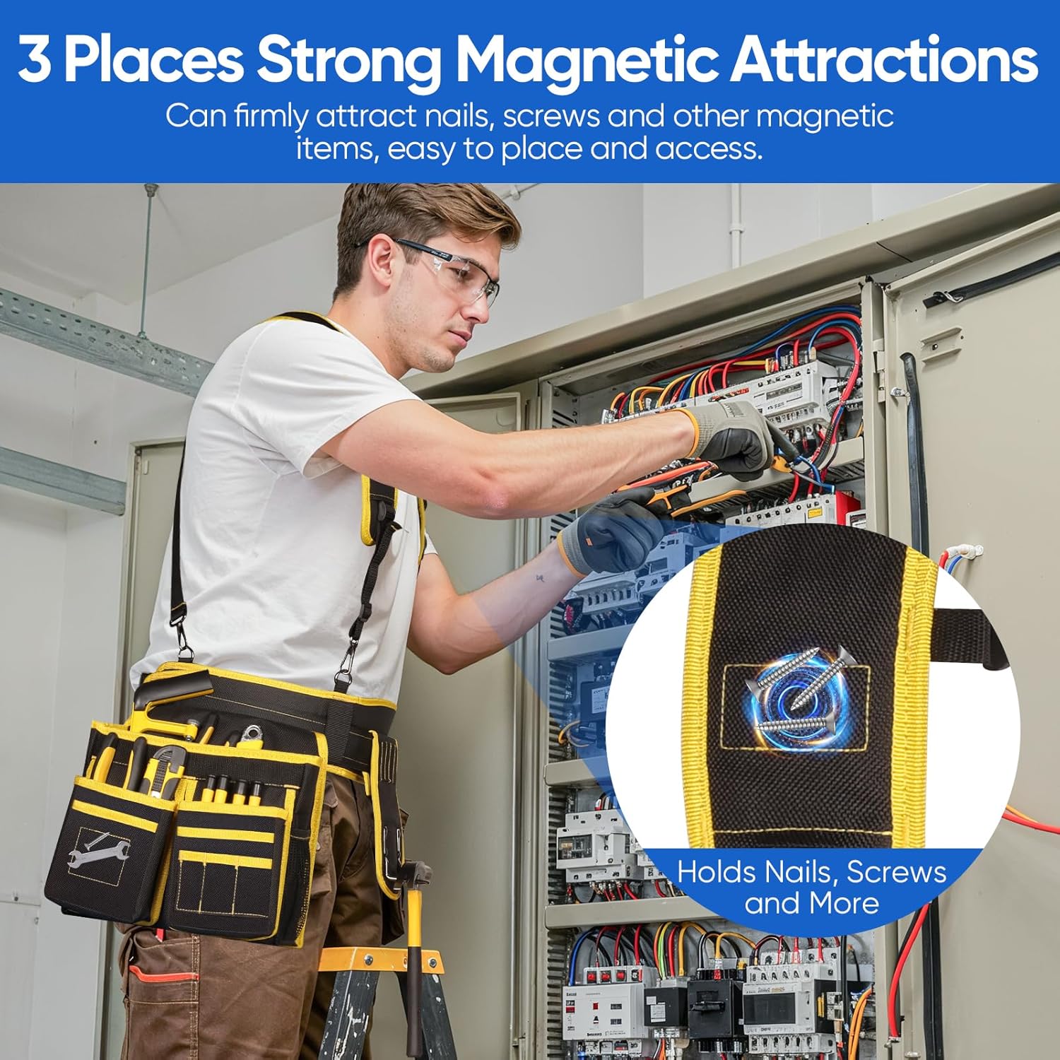 Tool Belt, Tool Belts for Men, Magnetic Tool Pouch with Suspenders, 28 Pockets Heavy Duty Tool Organizer for Carpenter Electrician, 32''-66'' Adjustable Waist