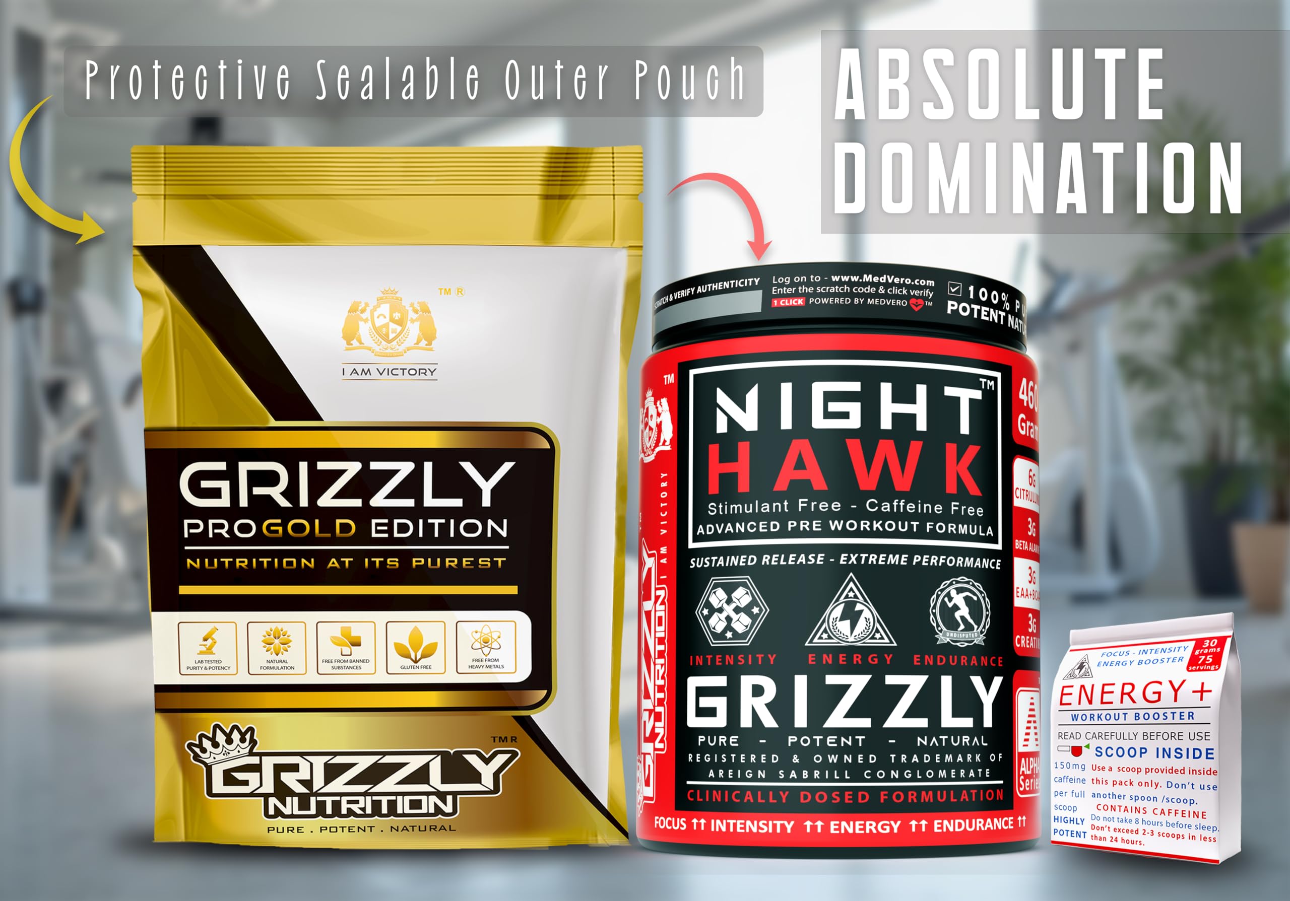 Grizzly Nutrition Night Hawk No Caffeine Pre Workout Powder, Stimulant-Free Energy, Focus & Muscle Pump with L-Citrulline, Creatine, 460g Pack, Fresh Lime, with 30g Energy Caffeine Pack