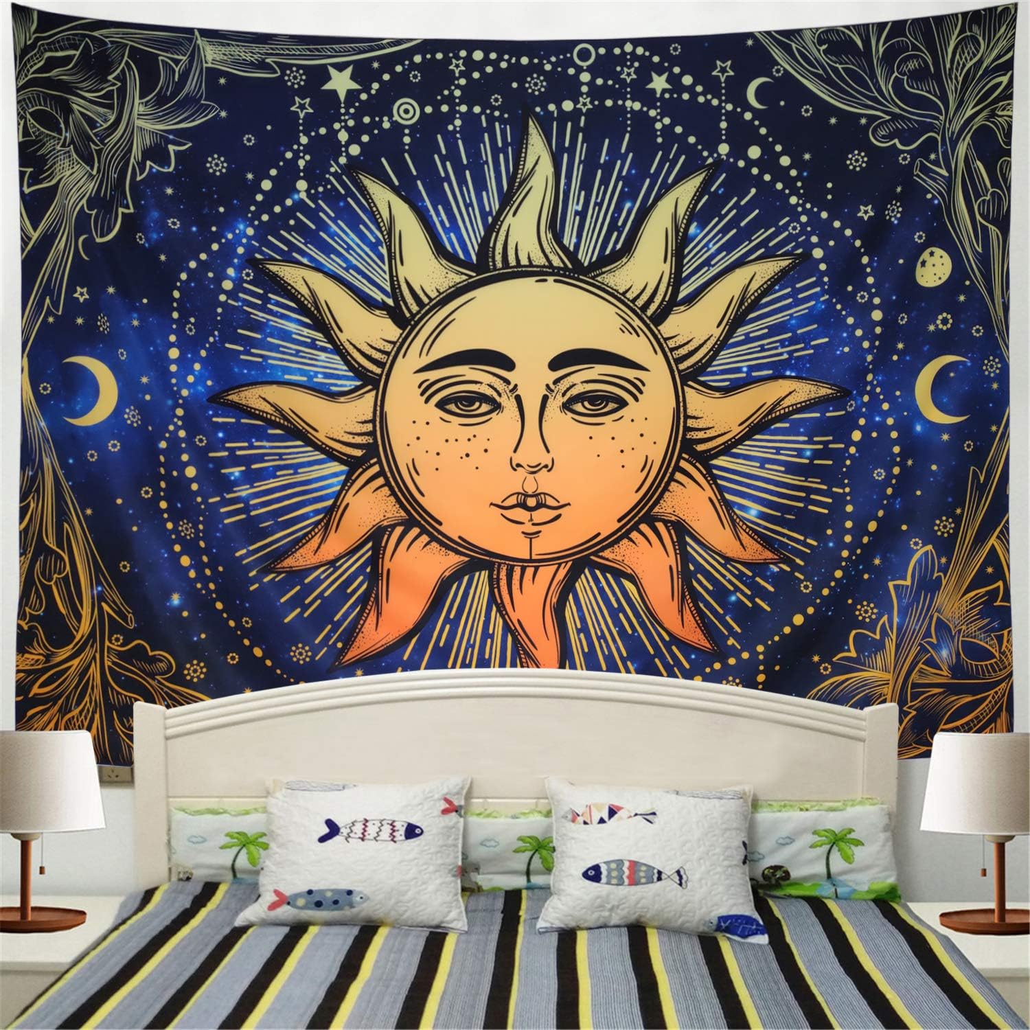 Racunbula Tapestry Psychedelic Galaxy Starry Sun Wall Tapestry Sun and Moon Tapestry Wall Hanging Bohemian Mandala Tapestry Fractal Faces Mystic Tapestry for Bedroom Living Room Dorm(W78.7 ร H59.1)