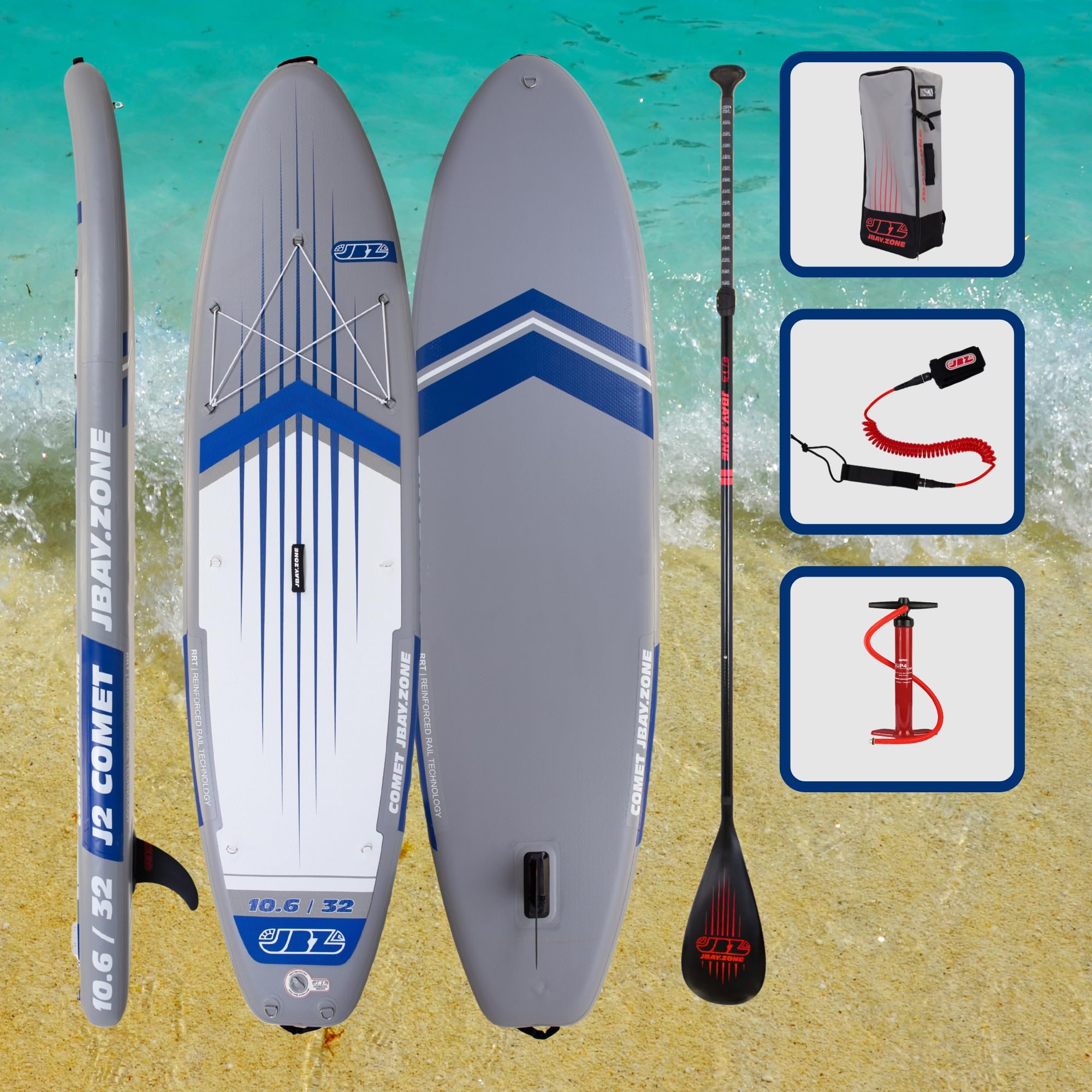 JBAY.ZONE Comet J2, Tavola Stand Up Paddle Gonfiabile Allround, Doppio Strato di PVC Fusion, Pompa a Doppia Azione, Pagaia Regolabile e Borsa Incluse, Fino a 145kg, 320x81x15 cm, Rail Termosaldato RRT