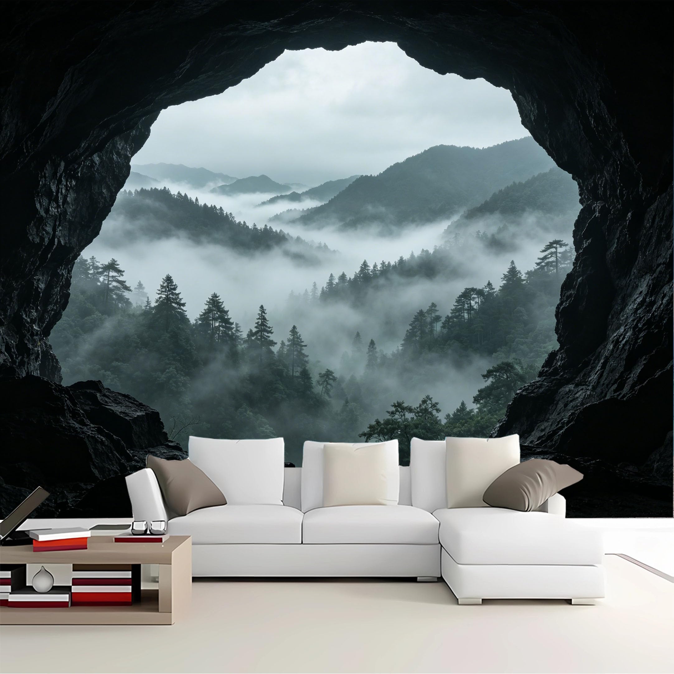 Custom Size Wall Mural Cave View Misty Mountain Forest Removable Self Adhesive Peel and Stick Wallpaper for Bedroom Living Room Dining Room
