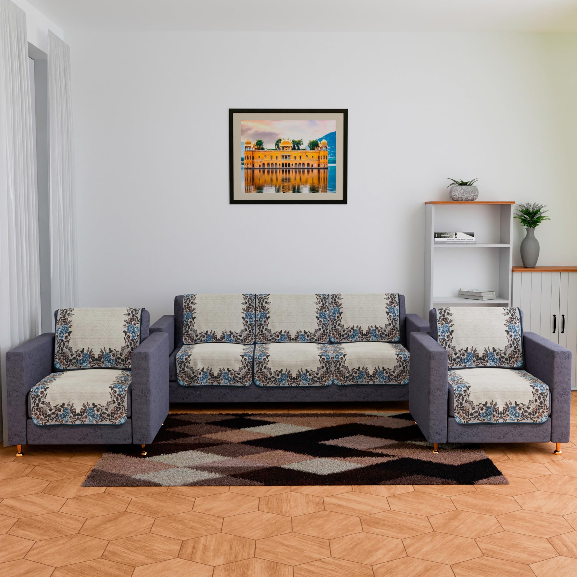 Kuber Industries Sofa Cover Set | 5-Seater Couch Cover | Net Velvet Sofa Slip Cover Set | Sofa Cover for Living Room | Blue Gulab Border Crown Sofa Cover | Cream