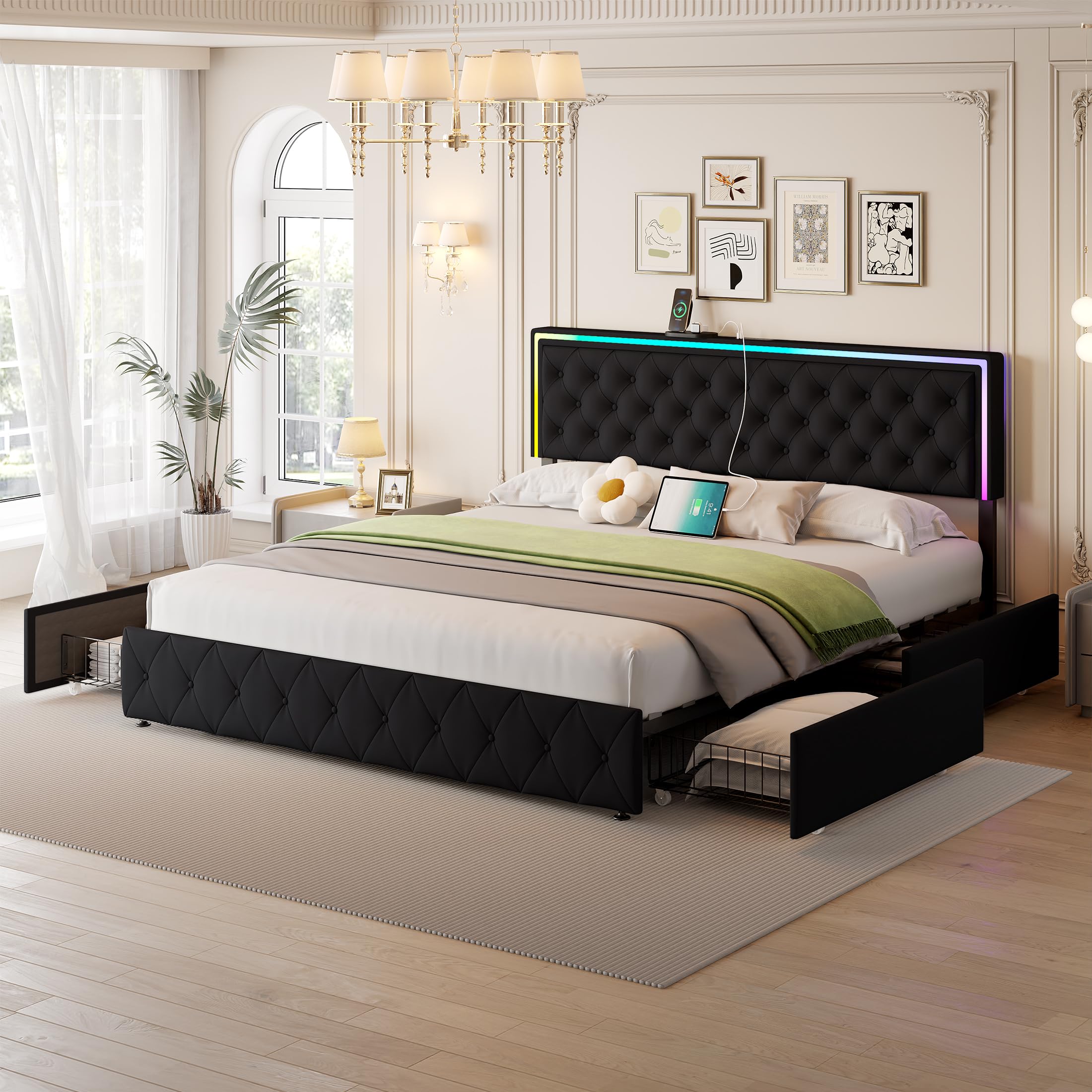 LED King Size Bed Frame with Storage and Headboard King Bed Frame with 4 Storage Drawers and LED