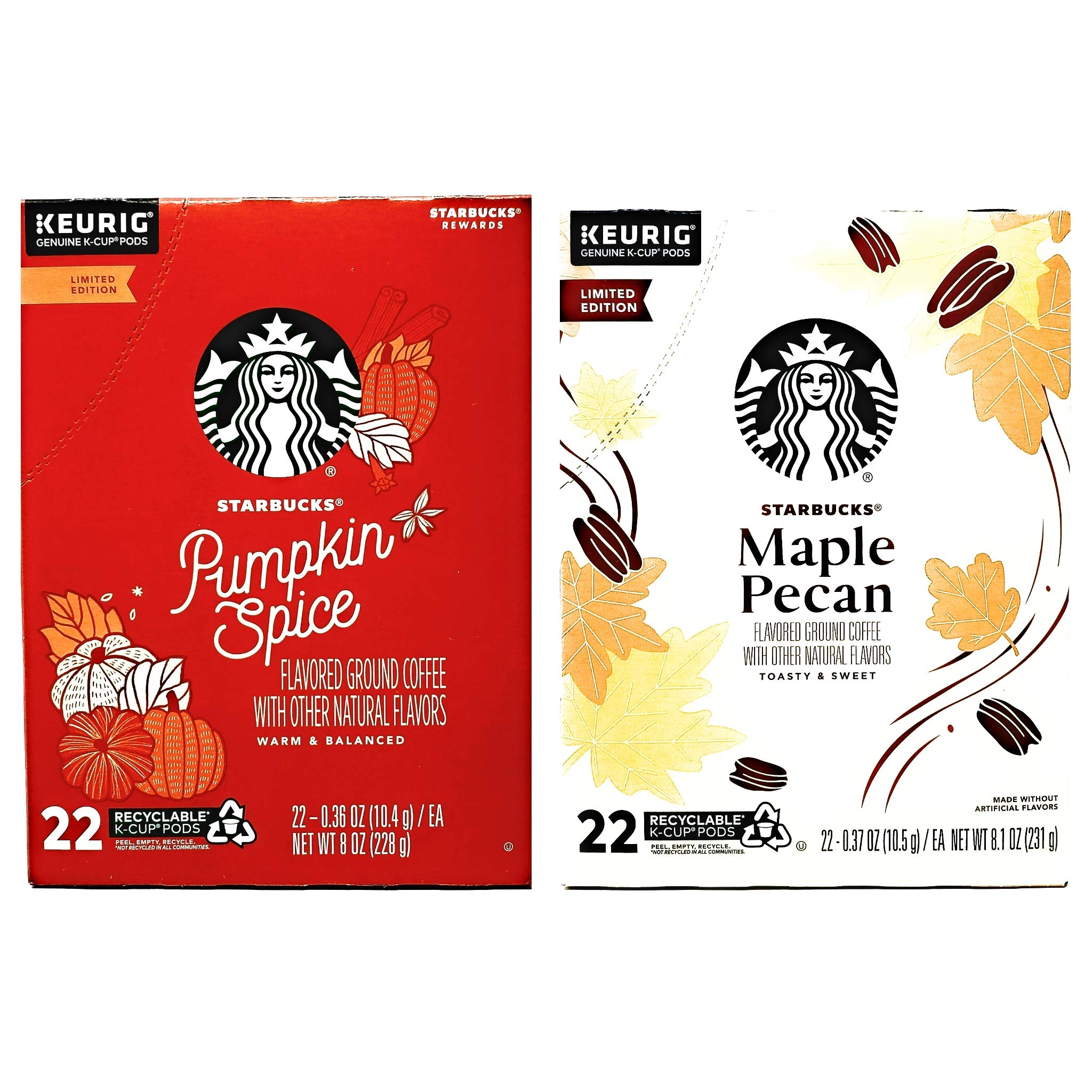 Starbucks Pumpkin Spice and Maple Pecan Coffee K Cups Coffee Pods Seasonal Variety Pack of 2 Flavors