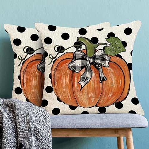 Miniatura 2 de Gohdiwh Juego de 2 fundas de almohada decorativas de otoño de 16 x 16 pulgadas, diseño de calabaza naranja de lunares, fundas decorativas de lino