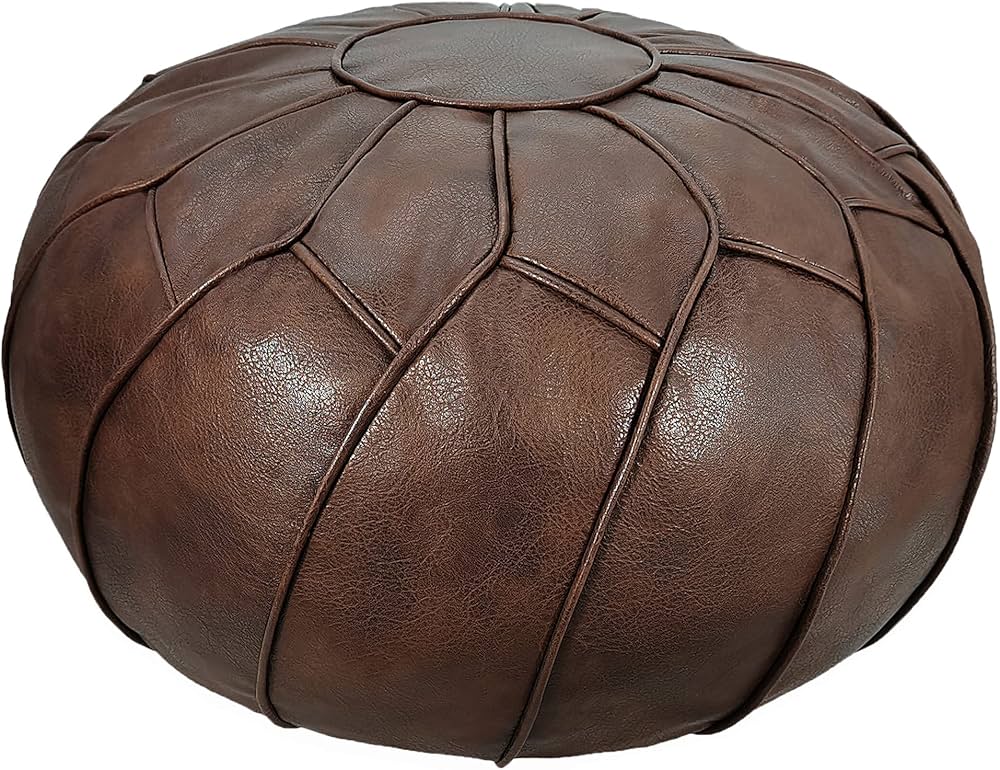 Thgonwid Faux Leather Pouf Ottoman, Round Storage Footstool Bean Bag Chair, Floor Footrest Cushion, Moroccan Pouffes for Living Room, Bedroom or Patio (Deep Coffee)
