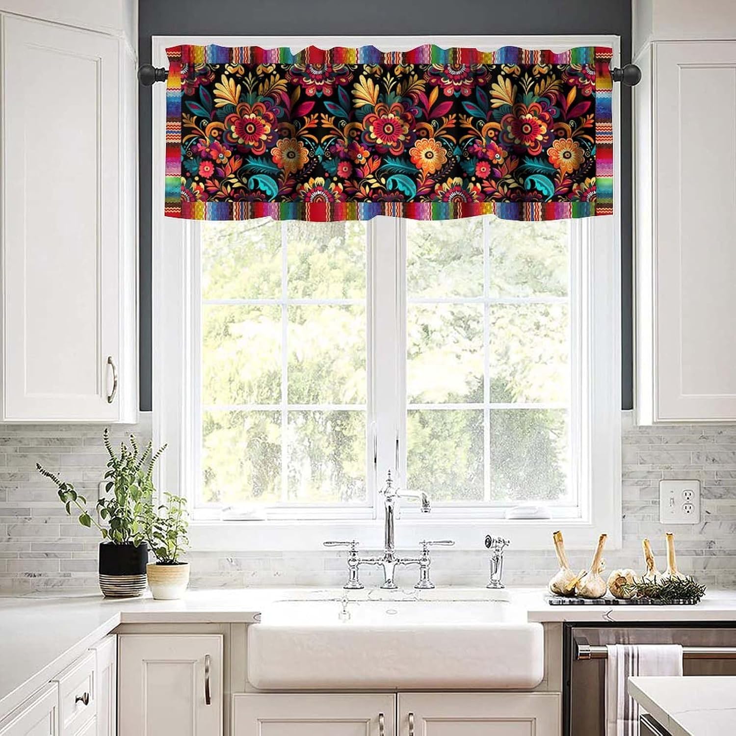 Mexican Floral Valance Curtains,Boho Colorful Retro Flowers Cinco De Mayo Decor Short Drape for Living Room Cafe Restaurant Window Treatment 1 Panel 54" W x 18" L Inch