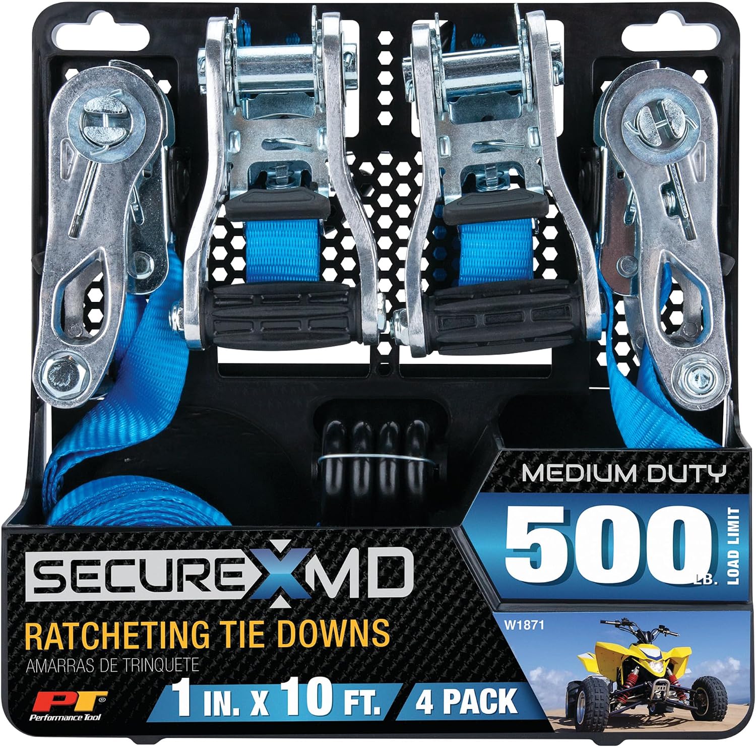 Performance Tool W1871 4Pk 1-Inch X 10' Tie Down Straps SecureX - Heavy-Duty Ratchet Straps for Secure Hauling, Towing, and Cargo Control
