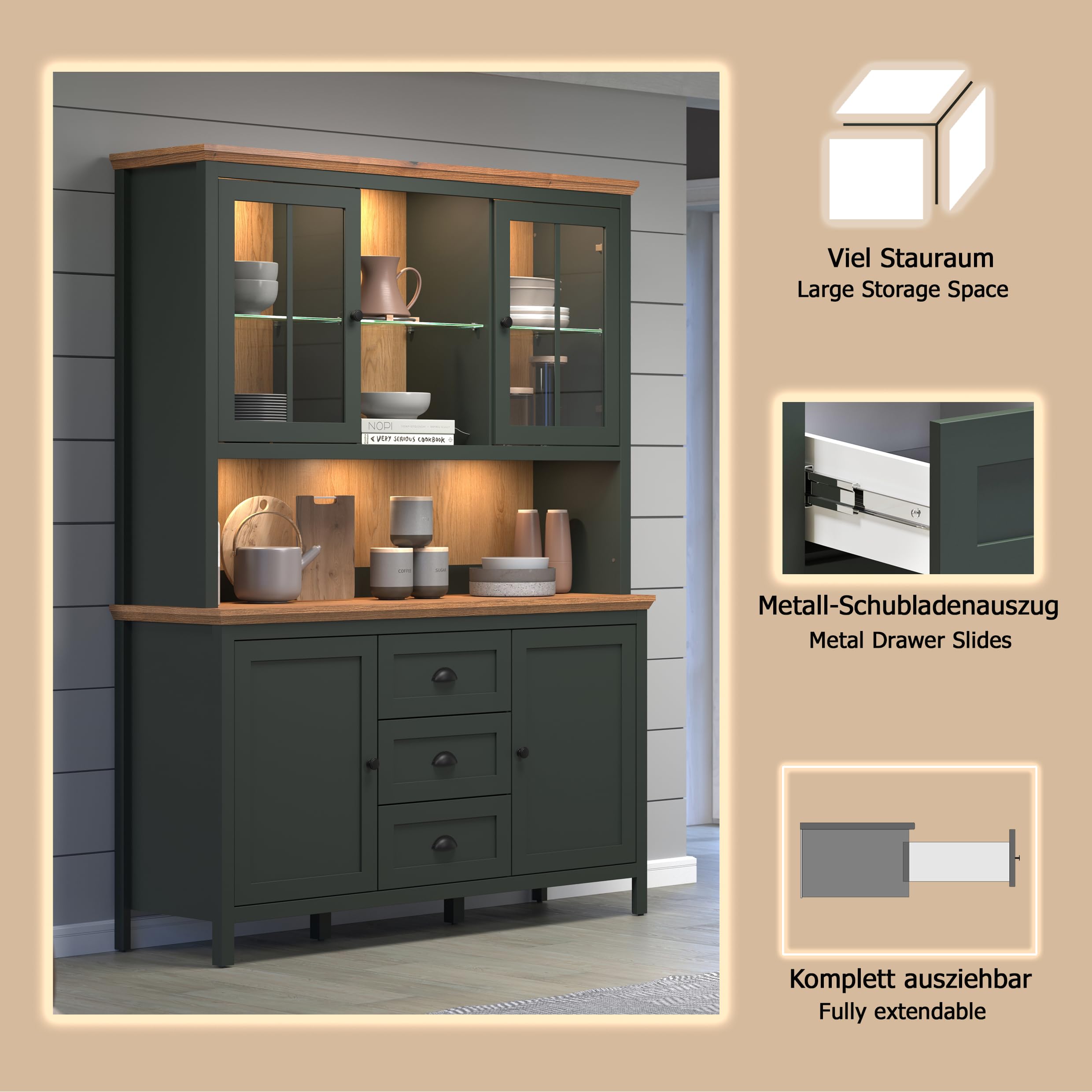 trendteam smart living - Stanton - Buffetschrank - Tannengrün/Evoke Eiche - Vitrine inklusive Beleuchtung mit 4 Türen, 3 Schubladen (BxHxT) 146 x 198 x 45 cm - Landhausstil