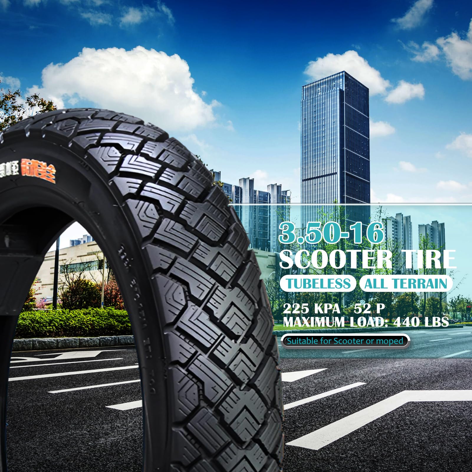 Upgraded Tyre Pneu 3.50-16 Pneu tubeless 3.50 x 16 avec Valve | 52P Charge maximale 440 LB 225 kpa | Entièrement renforcé