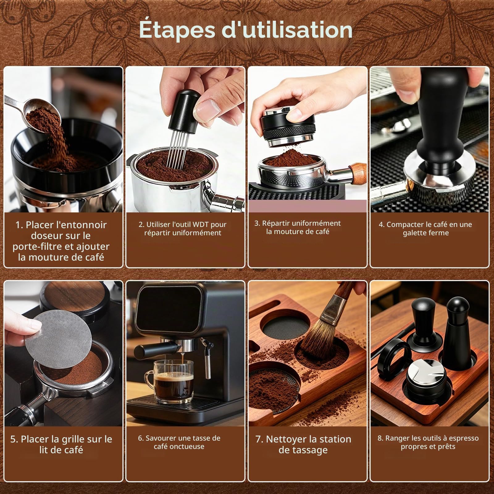 Set De 7 Barista De 51mm En Acier Inoxydable De Haute Qualité Contenant Un Outil Wdt, Un Poussoir Et Une Base De Poussoir Pour Espresso Accessoires Pour Machines à Café à Poignée