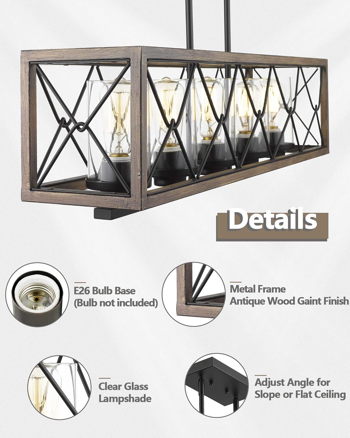 Best Review FEMILA 5-Light Kitchen Island Light, Farmhouse Linear Pendant Lighting Fixture with Clear Glass Lamplshade, Metal Frame, Antique Wood Grain Paint Finish, 4FY42-5 WB