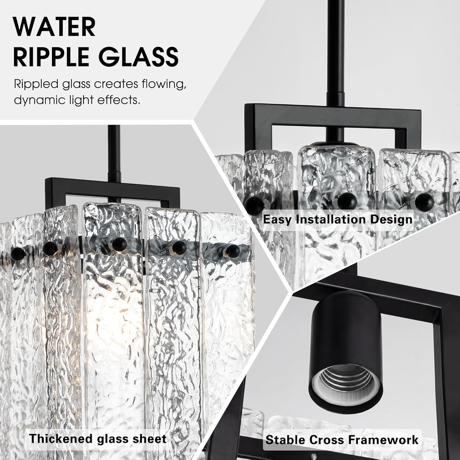 Modern Black Pendant Lights Kitchen Island, Pendant Light Fixtures with Water Ripple Glass, Elegant Adjustable Pendant Lighting, Island Lights for Kitchen, Dining Room, L7.3 x W11.6
