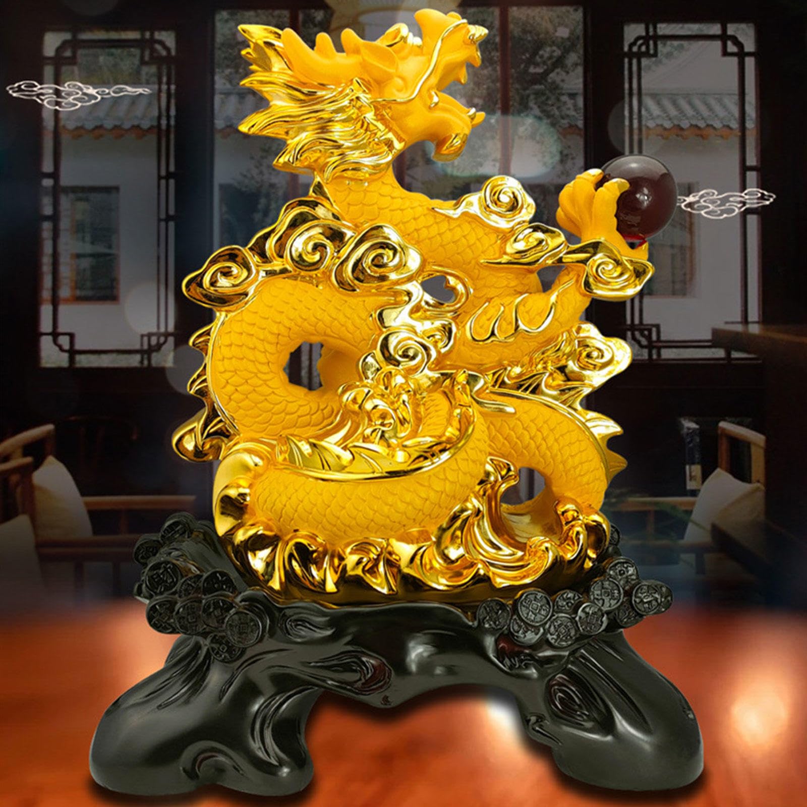 Estatuas, Estatua de dragón 17,7" Alto, Figura del zodíaco Chino Feng Shui(B)