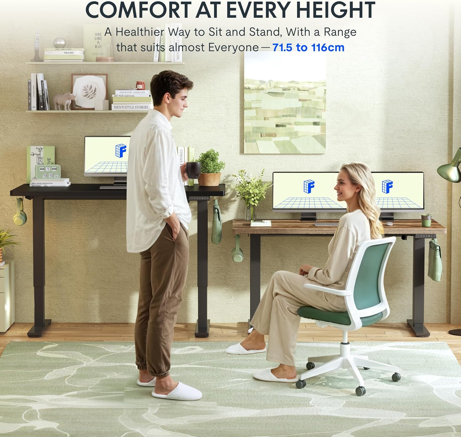 A man standing and a woman sitting at two FlexiSpot desks, demonstrating comfortable use at different heights.