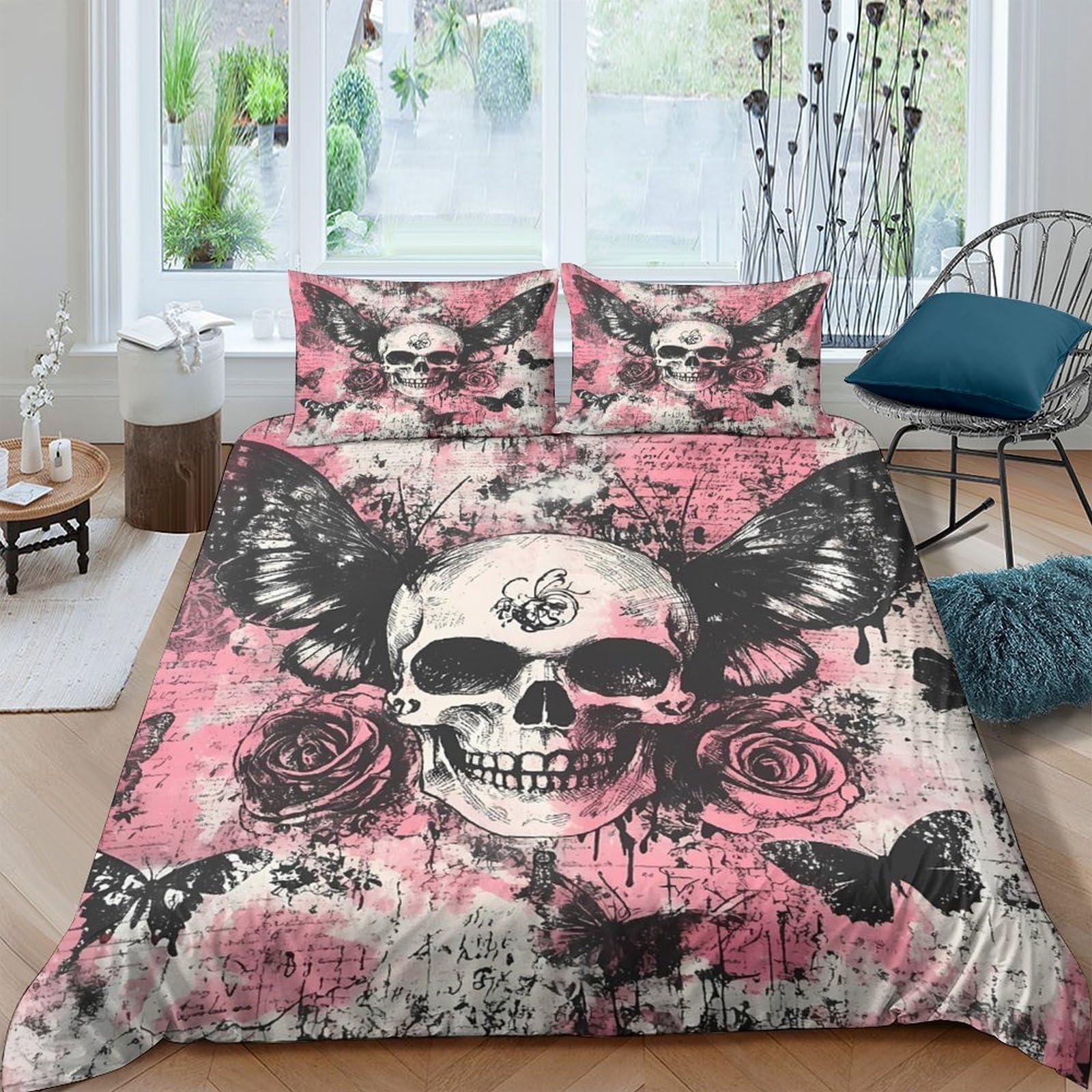 GPLZQXKJNH 3D Printed Skull Rose Duvet Cover Microfiber Soft Breathable Butterfly Bedding Set with 2 Pillowcases for Bedroom Decor Single（135x200cm）