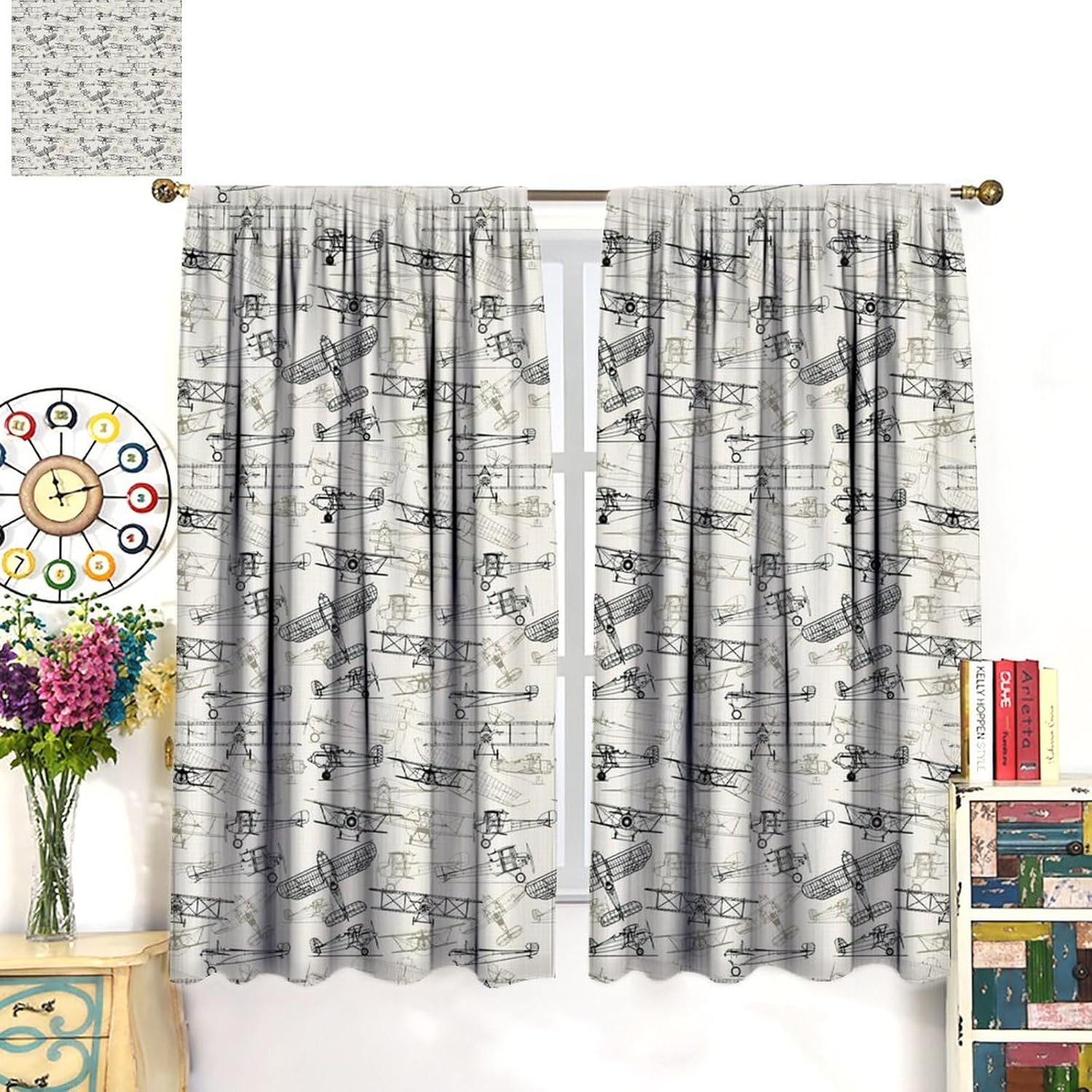 Kid Cartoon Airplane Blackout Window Curtains, Old Fashioned Transportation Hand Drawn Style Vintage Pattern, for Living Room Bedroom 21(W)*45(L) 2 Panels