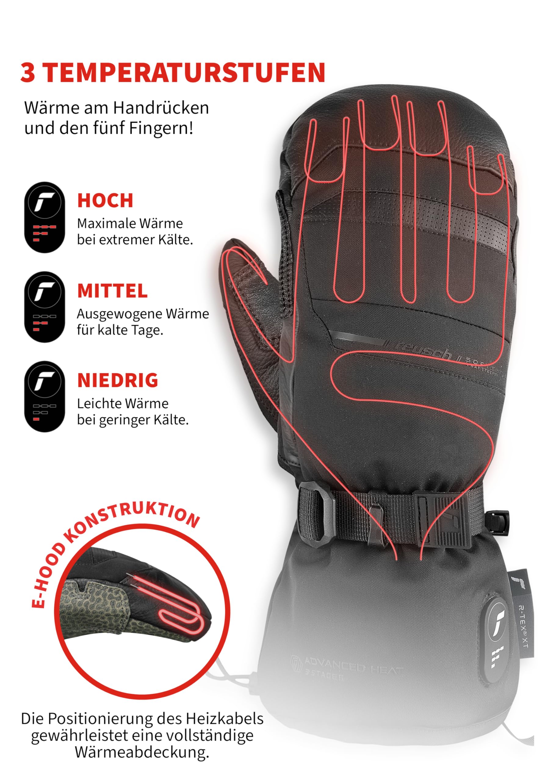 Reusch beheizbare Fausthandschuhe für Erwachsene | besonders warm & wasserdicht | wiederaufladbar & touchscreenfähig | atmungsaktiv | beheizte Skihandschuhe | Advanced Heat R-TEX XT Mitten