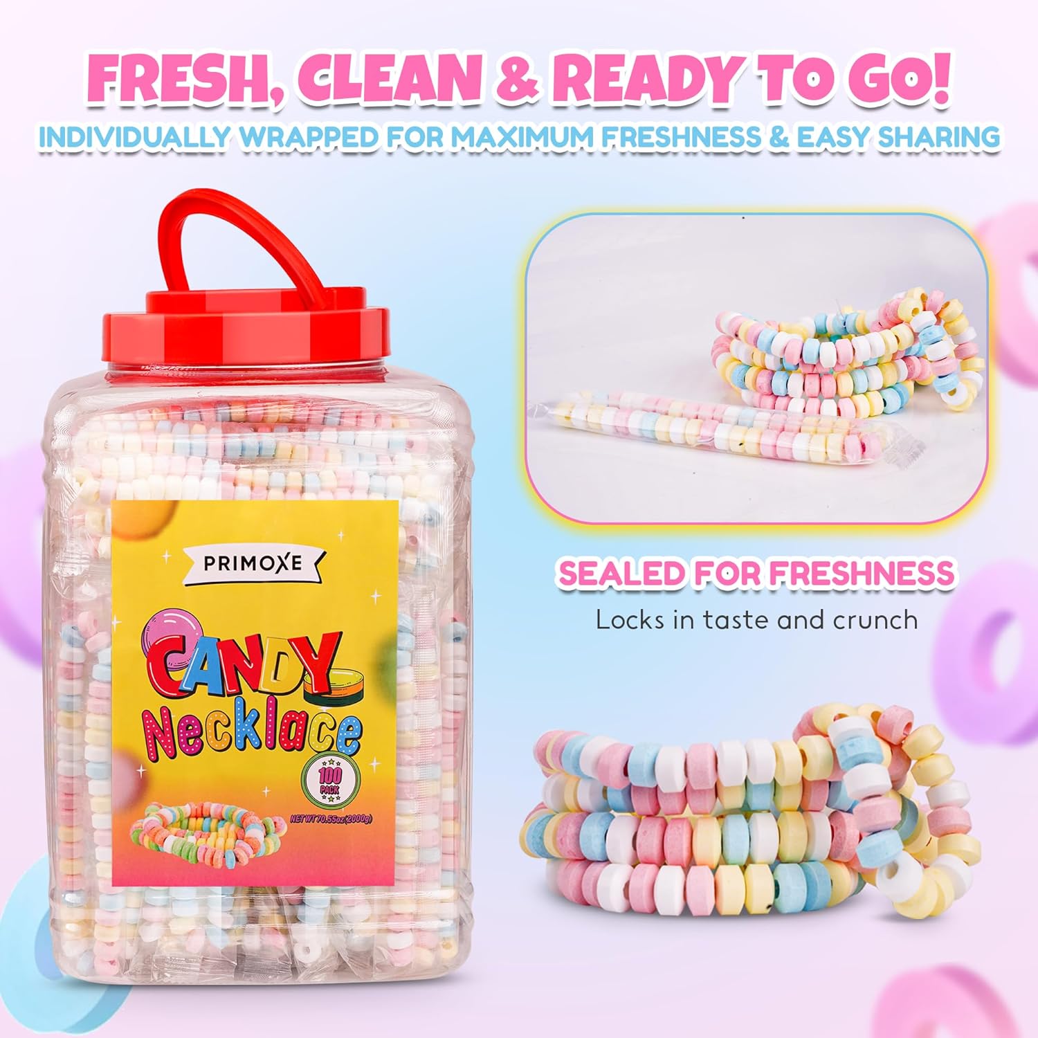 100 Pack Candy Necklaces Individually Wrapped - Bulk Candy - Edible Jewelry for Kids, Party Favors, 80s Nostalgic Treats, Pinata Fillers, Goodie Bags, Retro Events Halloween & Birthday