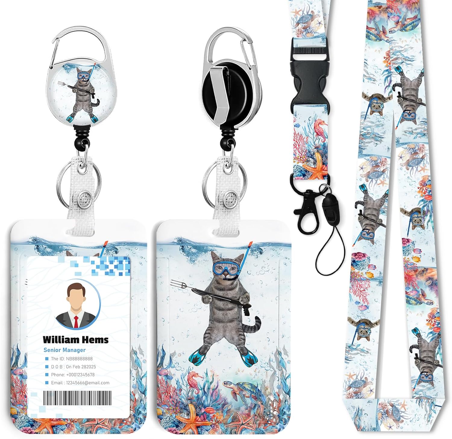 Funny Diving Cat ID Badge Holder with Breakaway Lanyard &Heavy Duty Retractable Reel-360°Rotating Carabiner Keychain for WomenStudents,Teachers, Nurses, Office Use