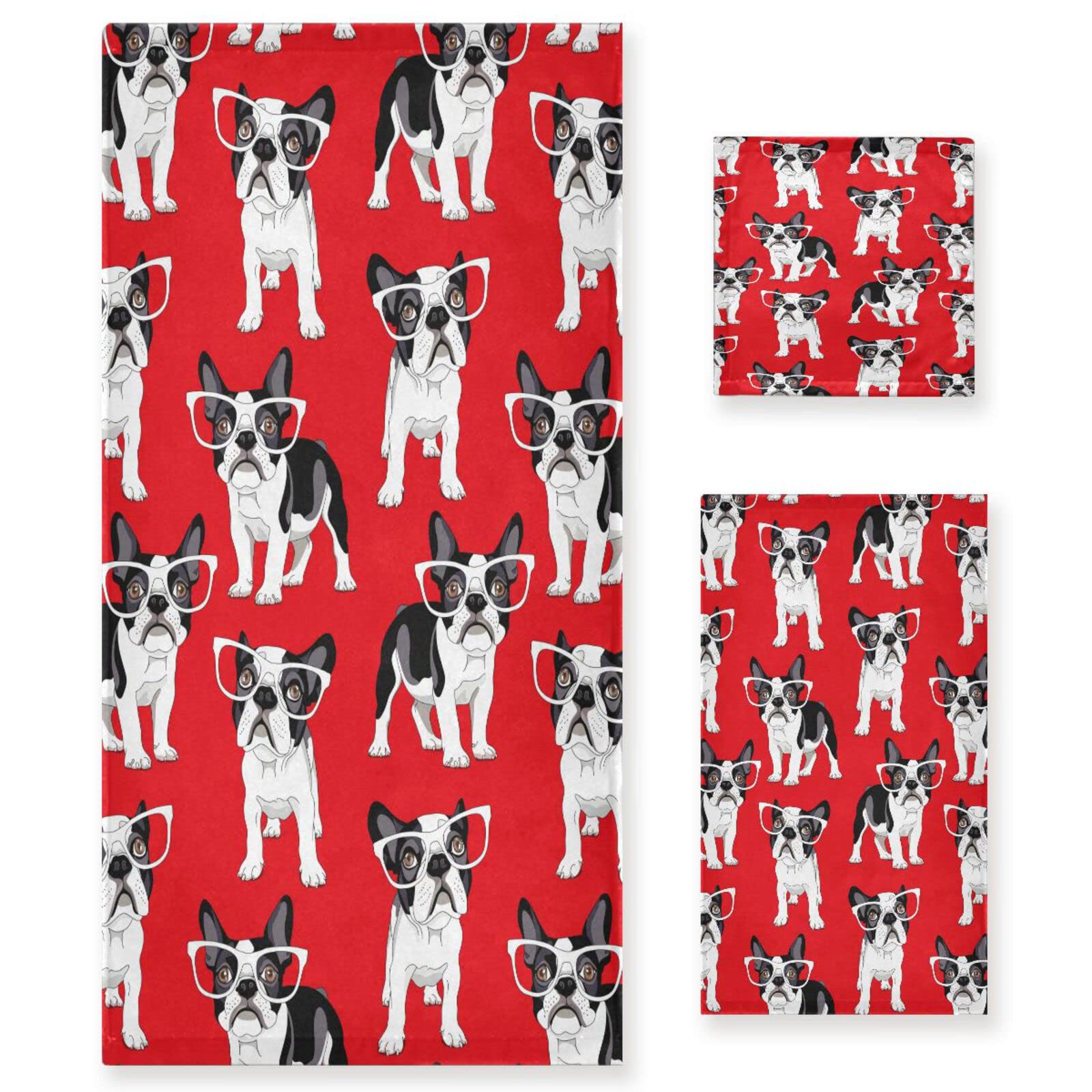 Perro Pug Guay Rojo Juego de Toallas para Baño Playa 100% Algodón de Piscina Toalla (1 Toalla de Baño y 1 Toalla de Mano y 1 Paño de Lavado) para Nadar Hotel Niñas Niños Niños