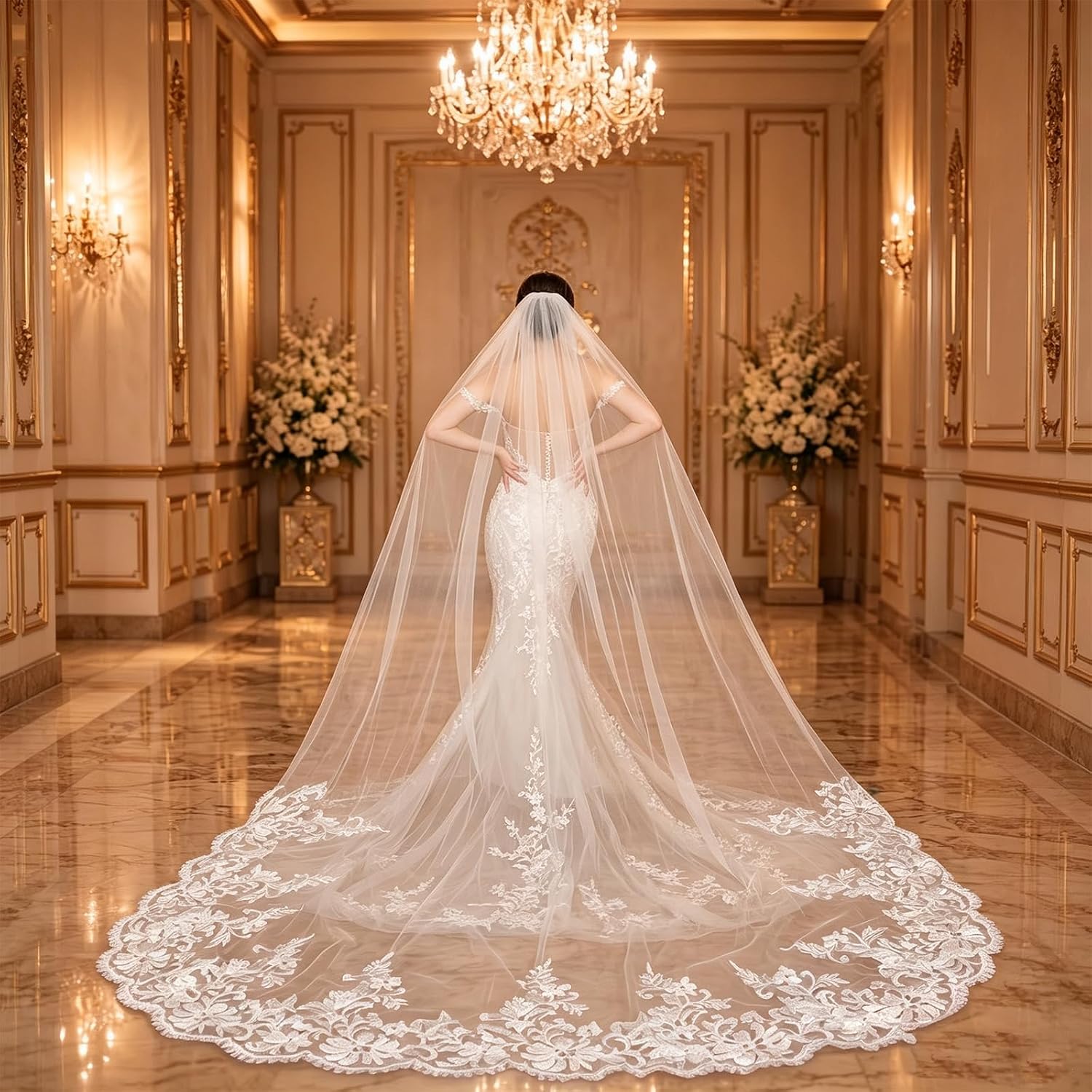 Cathedral Length Wedding Veil 1 Tier Lace Soft Tulle with Comb