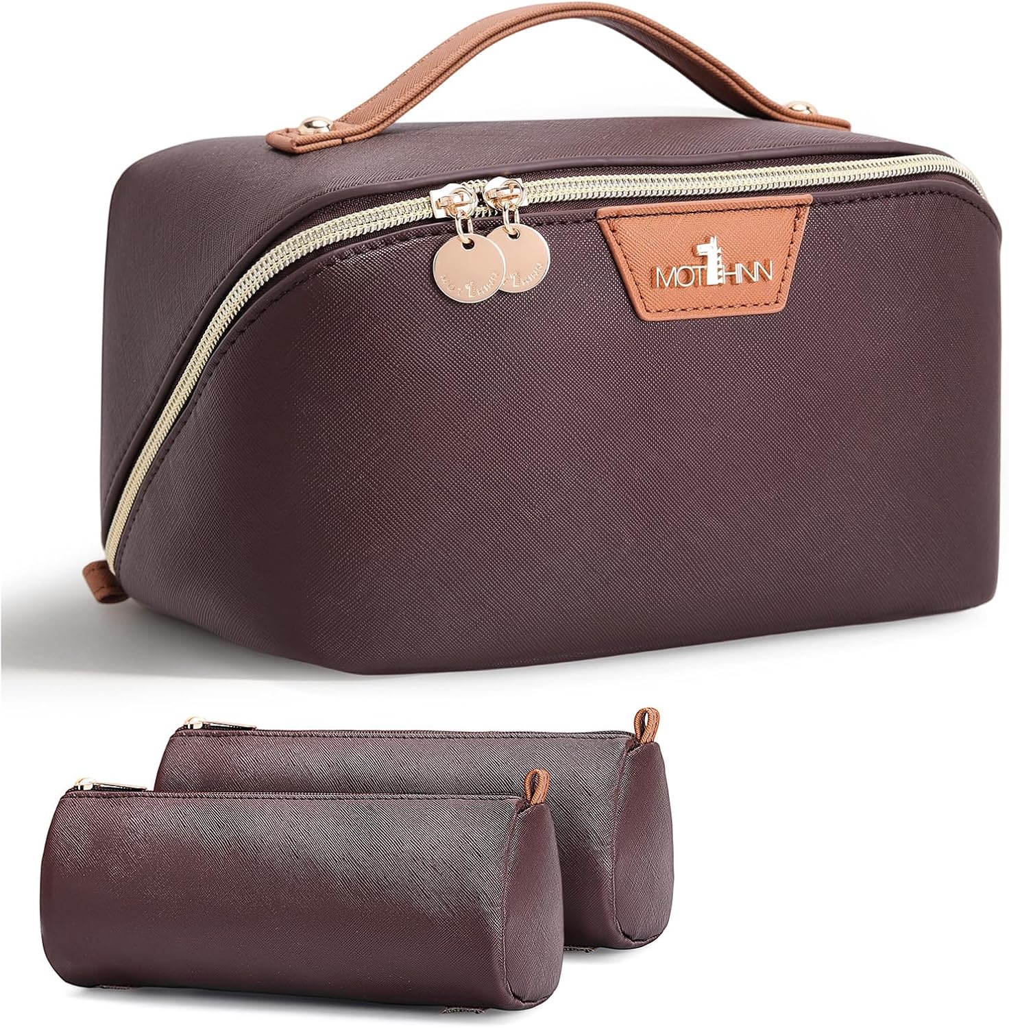 Travel Makeup Bag for Women: 3-in-1 Large Capacity Cosmetics Organizer with 2 Detachable Pouch - Vegan Leather Flat Open Toiletry Bag - Travel Essentials for Full-Sized Bottles(Coffee)