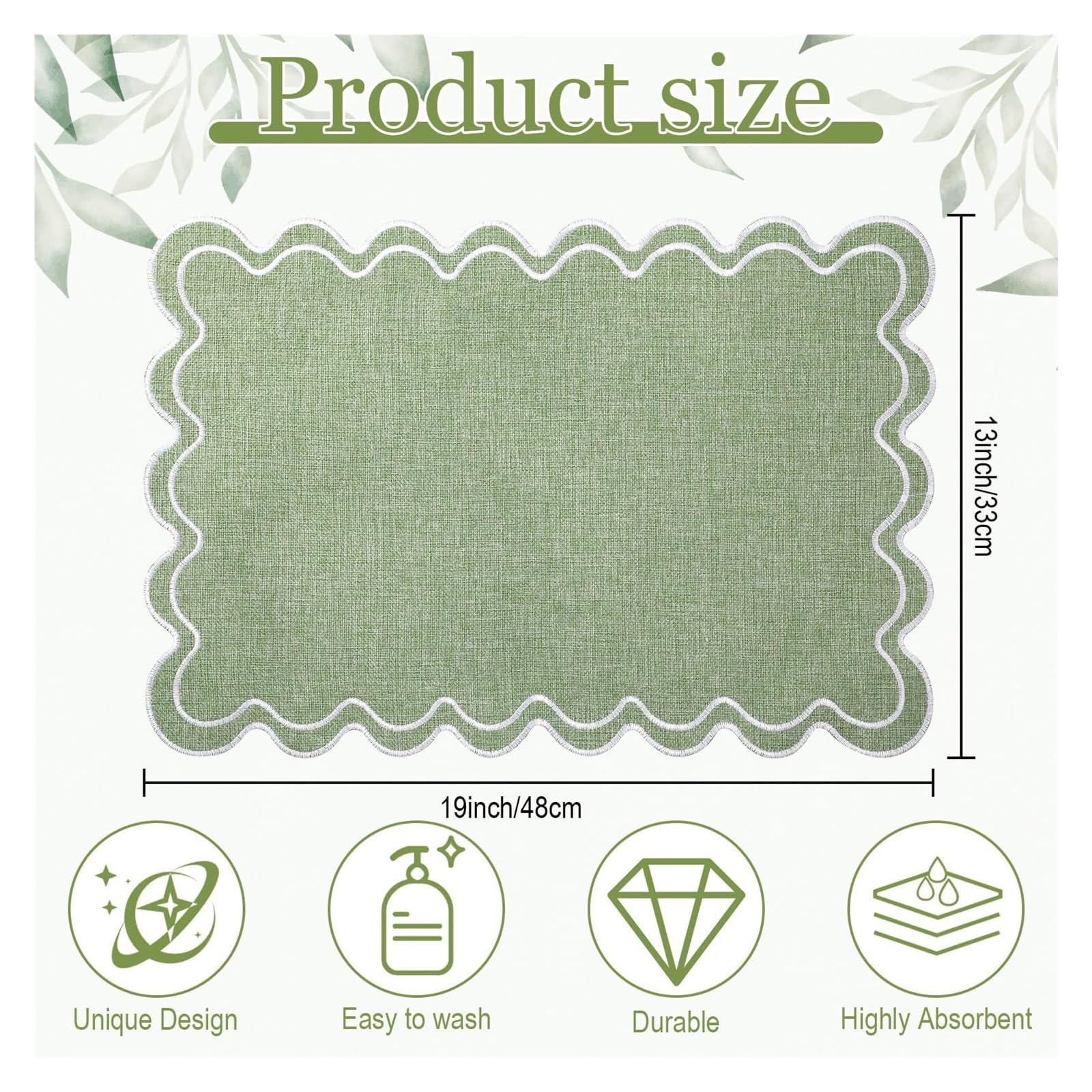 Manteles individuales de lino y algodón, manteles individuales con bordado ondulado festoneado de 13x19 pulgadas, manteles rectangulares rústicos lavables for mesa de cena for Cocina(Green,STRIP_6PCS)