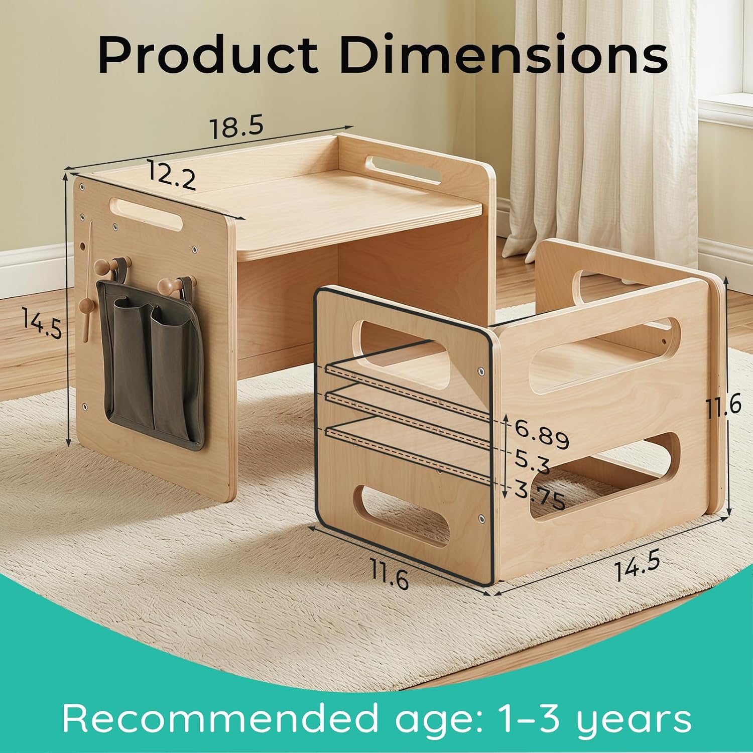 Montessori Weaning Table and Chair Set,Toddler Table and Chair Set, Wooden Kids Activity Toddler Table and Chair with Adjustable Height, for Eating, Reading, Drawing, Step Stool (Plywood)