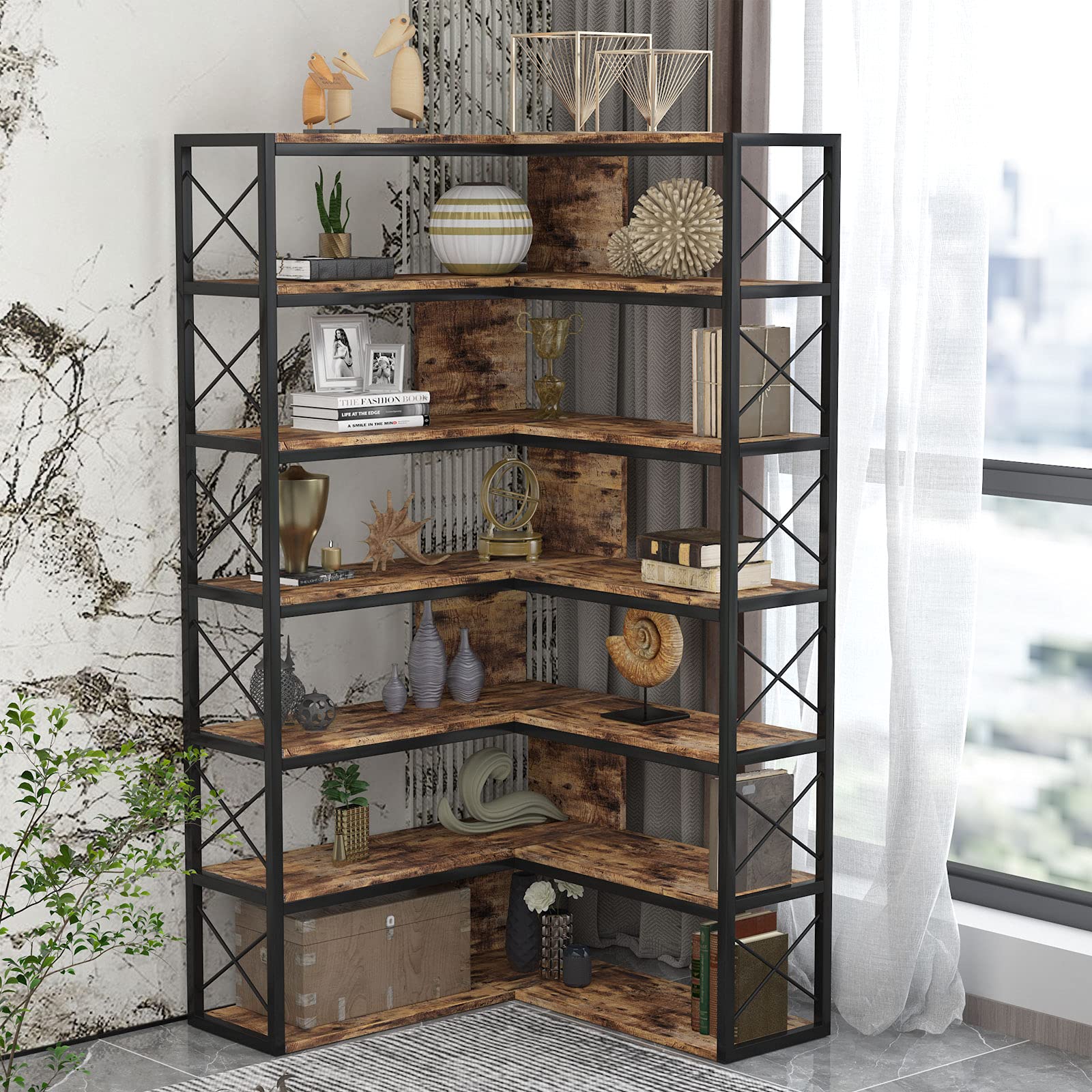 Buy PAKASEPT 6Shelf Corner Bookshelf, Vintage Industrial Corner Shelf