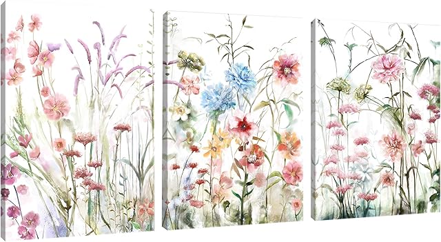 SUMGAR Flowers Art Colorful Floral Artwork Romantic Blossom Paintings Modern Plant Wall Art Red Blue Bloom Pictures Canvas Prints for Women's Girl's Bedroom Living Room Bathroom Gift 30x40cm Set of 3