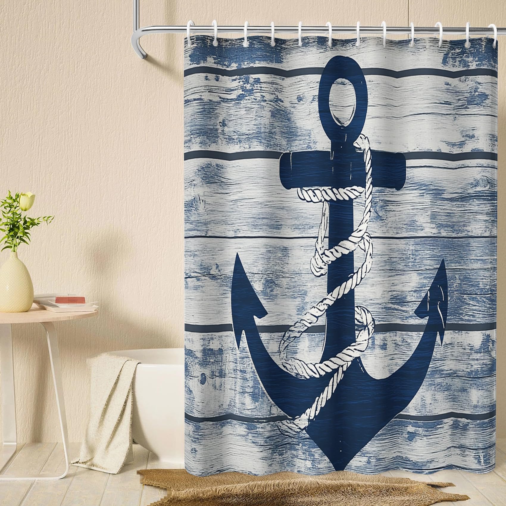 UIYIUI Blue Nautical Anchor Shower Curtain 47X91in/120x230cm/WxH Retro Wood Plank Geometric Striped Bath Curtain for Boys Girls Bathroom Decor, Waterproof Polyester Fabric with Hooks