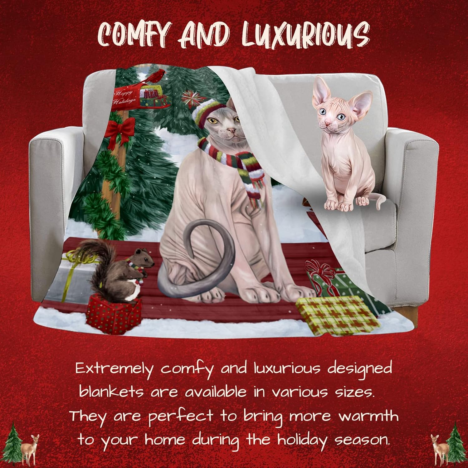 Doggie of the Day Sphynx Cat Blanket - Merry Christmas Woodland Sled - Super Soft & Warm Pet Theme for Sofa or Bed, Warm Fleece, Sherpa or Woven Material, BLNKT51516 (50x60 Sherpa)